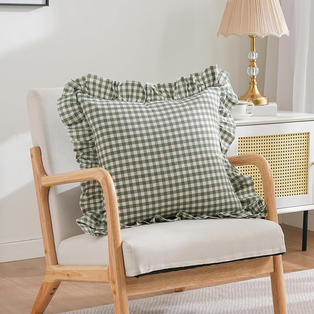 Qilunn 2 Pack Sage Green/White Plaid Ruffle Throw Pillow Covers Farmhouse Checkered Chic Washed Cotton Pillowcases Gingham Pillow Shams for…