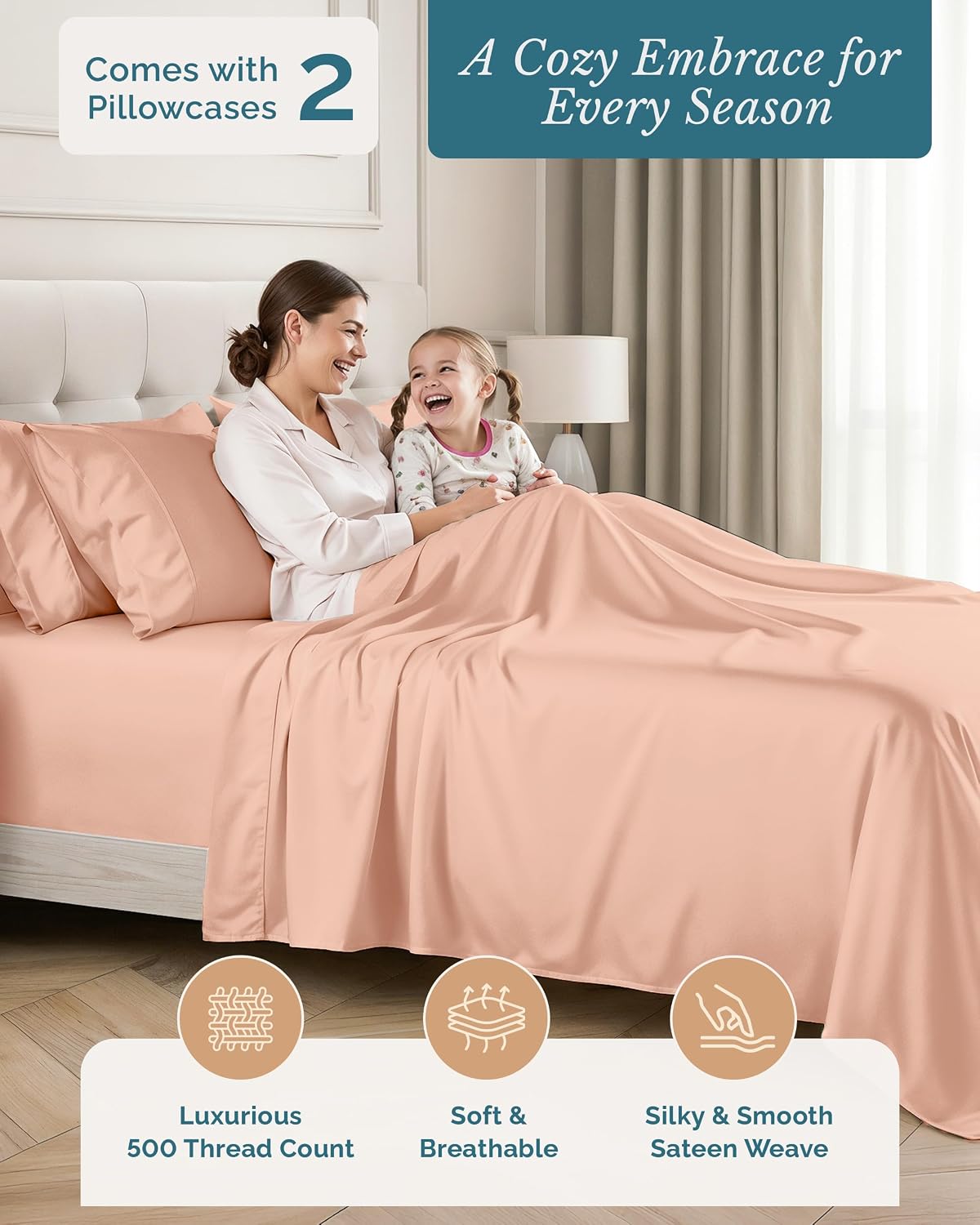 Casa Platino Cotton Twin XL Sheet Set, 4 Piece Sheets with 500 Thread Count 100% Cotton Sheets, Sateen Finish for a Smooth Feel, 15 Inch…