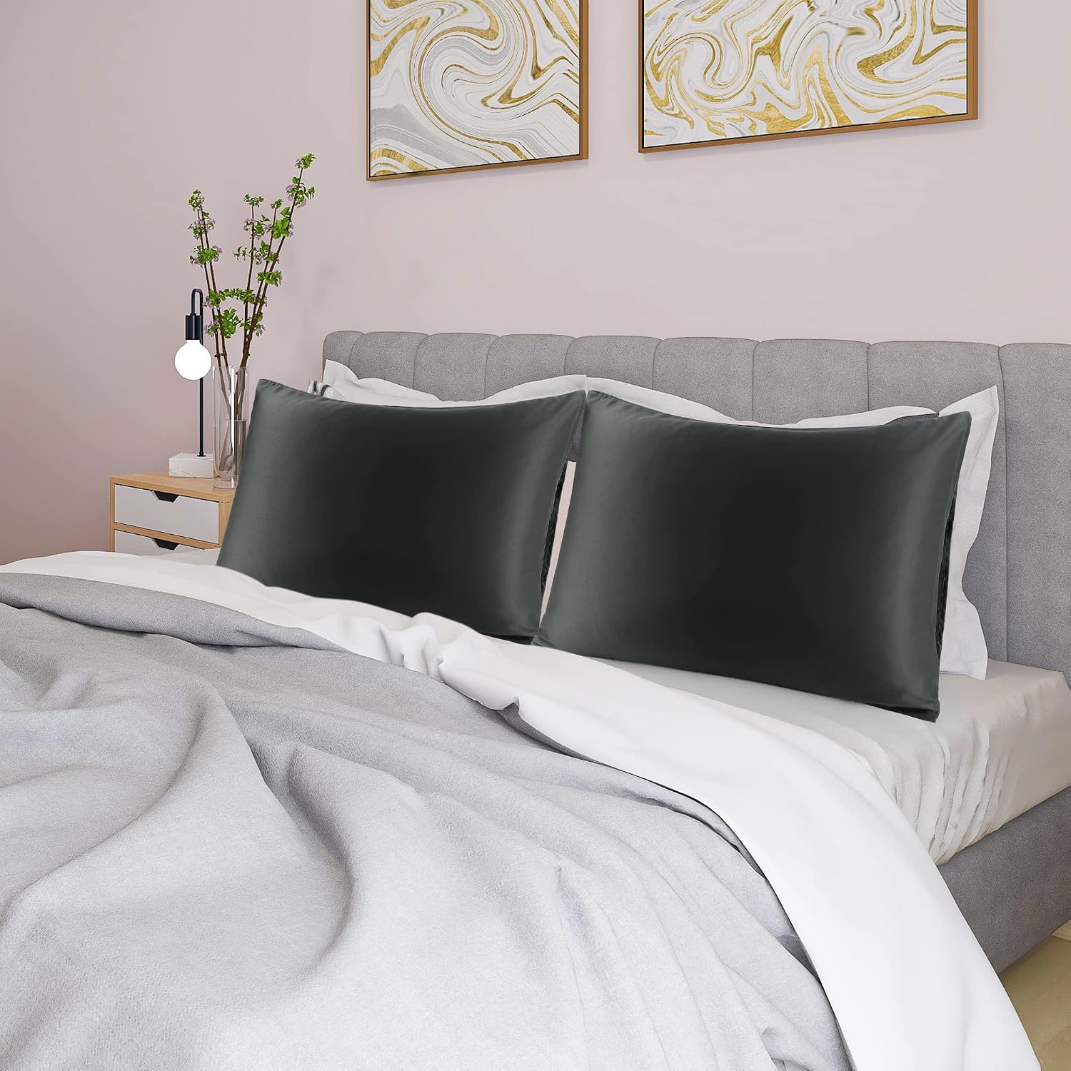 uxcell 2 Pack Silk Satin Pillowcase for Hair and Skin, Cool, Silky, Soft Breathable Pillow Cases King Size 20x36 Inch Sateen Pillowcase Bla…