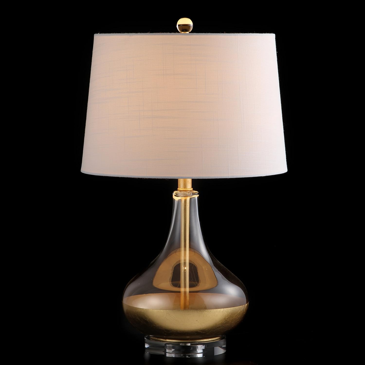 JONATHAN Y 24.5" Gold Painted Glass Table Lamp, Modern Glam Teardrop Nightstand Lamp with White Linen Drum Shade and Crystal Base, UL…