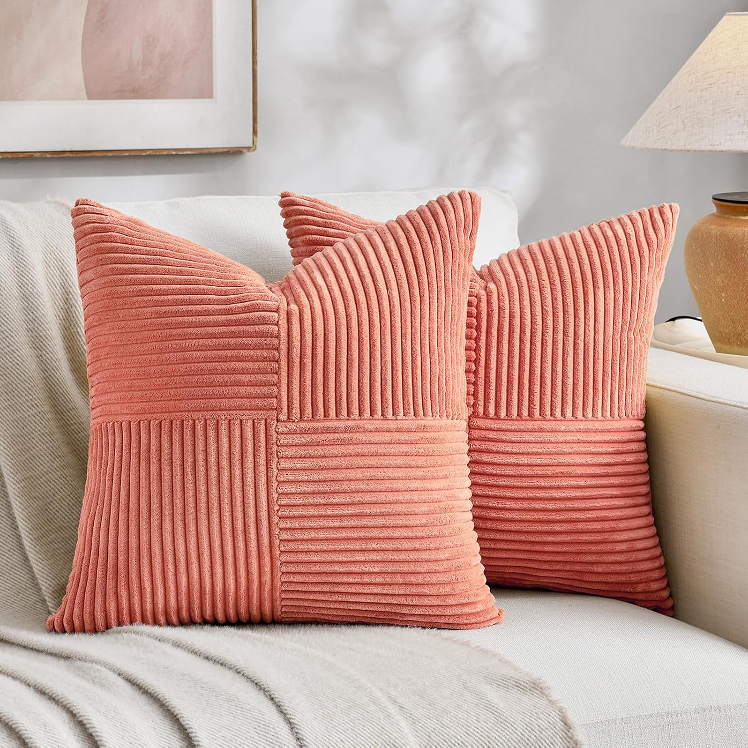 Fancy Homi 2 Packs Coral Decorative Throw Pillow Covers 22x22 Inch for Living Room Couch Bed, Rustic Farmhouse Boho Home Decor, Soft…