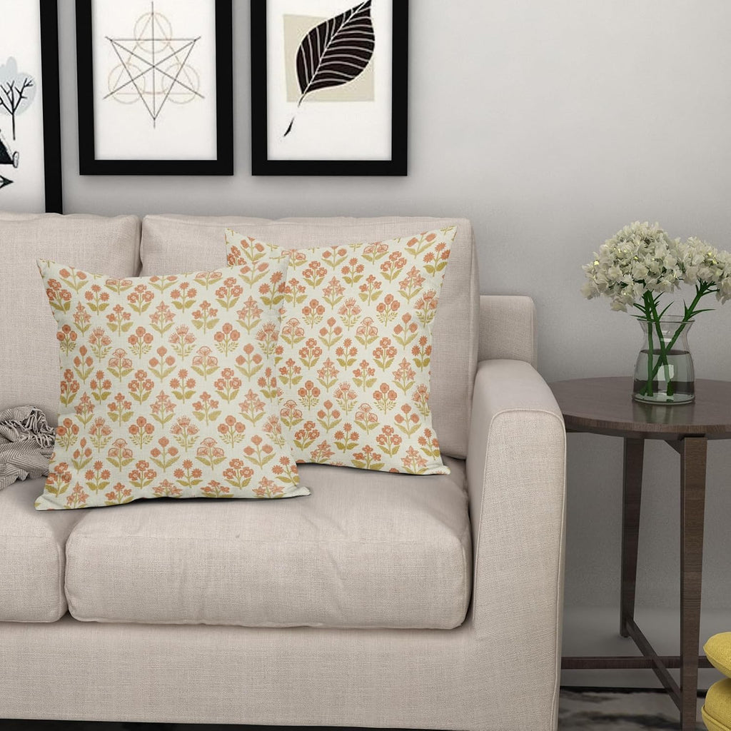 Orange Yellow Floral Block Print Pillow Covers 16x16 Inch Set of 2, Vintage Flower Pattern Decorative Throw Pillowcases Outdoor Farmhouse…