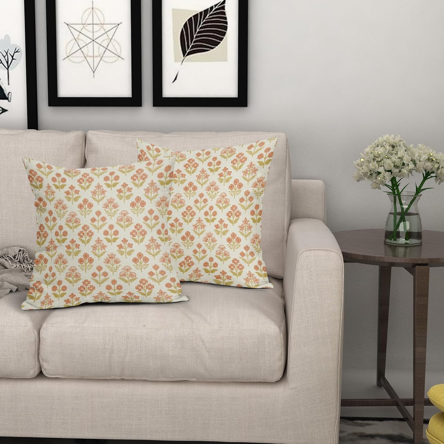 Orange Yellow Floral Block Print Pillow Covers 16x16 Inch Set of 2, Vintage Flower Pattern Decorative Throw Pillowcases Outdoor Farmhouse…