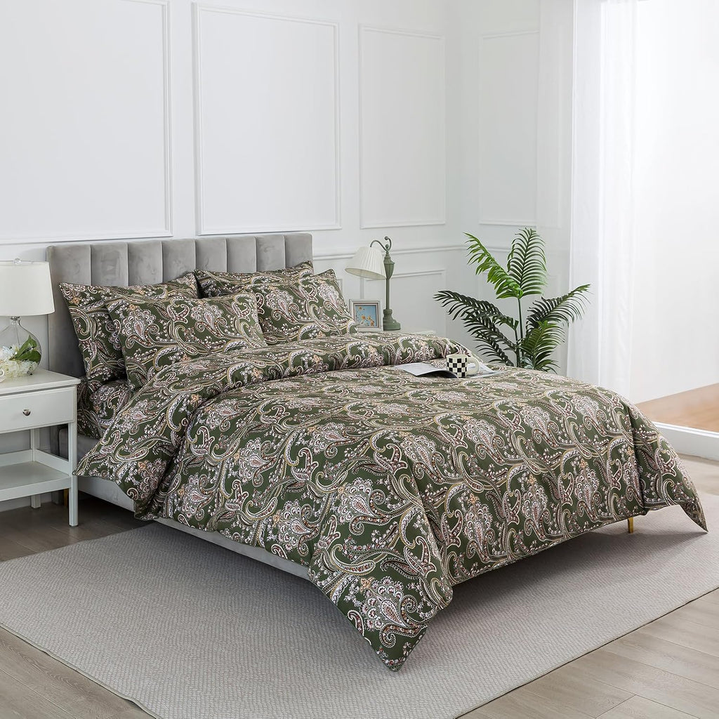 Puralens Vintage Paisley Floral Green Duvet Cover King 100% Cotton, Shabby Flower Printed Chic Crisp Percale Comforter Cover Set, Farmhouse…