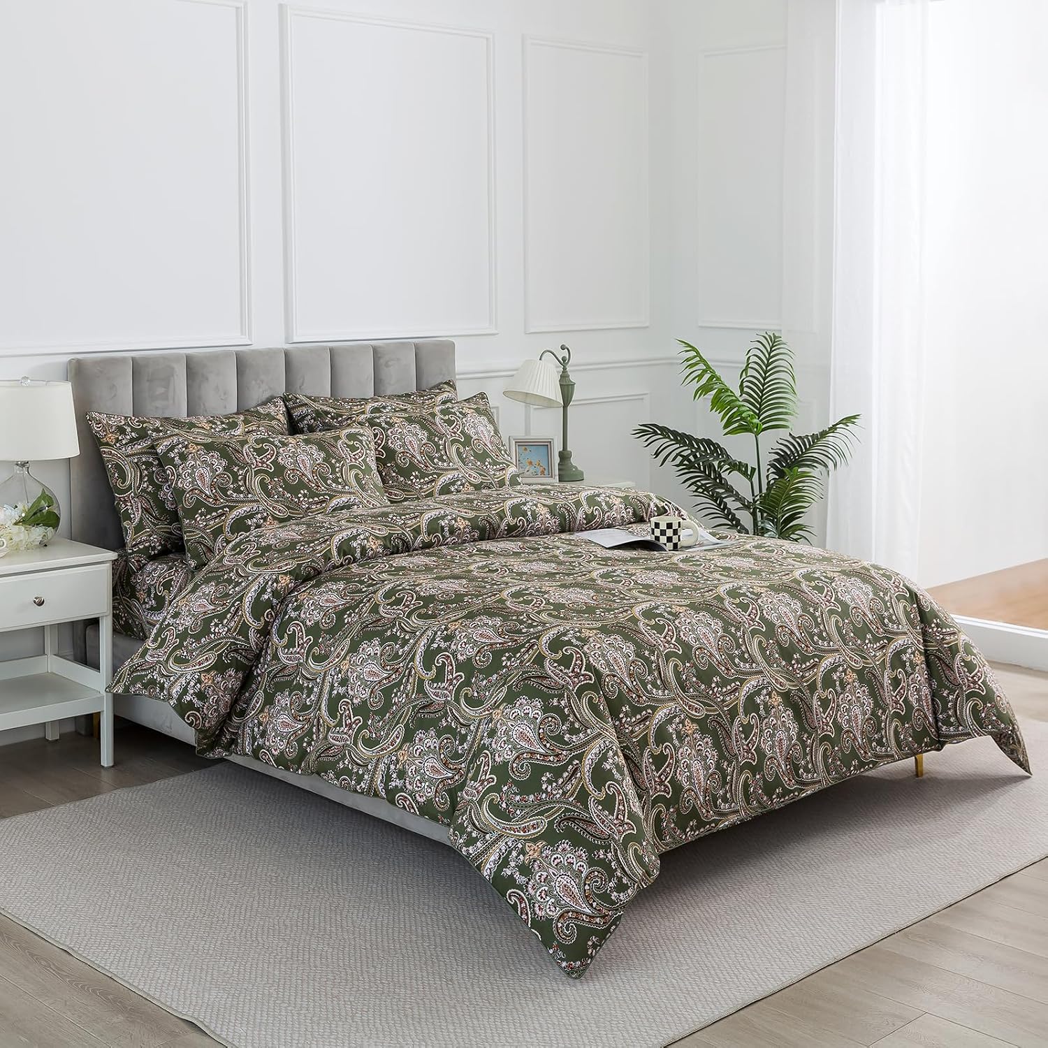 Puralens Vintage Paisley Floral Green Duvet Cover King 100% Cotton, Shabby Flower Printed Chic Crisp Percale Comforter Cover Set, Farmhouse…