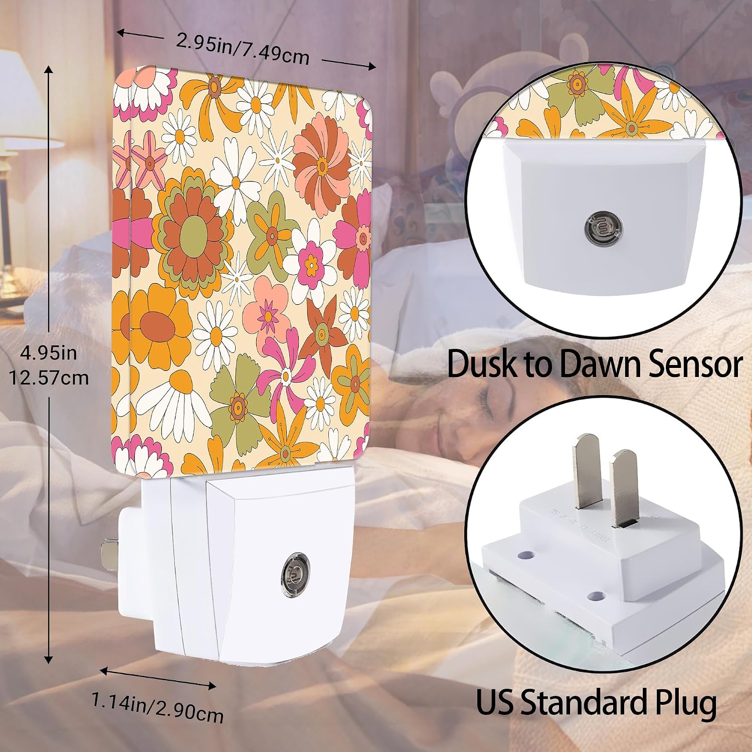 Vintage Boho Floral Night Light Plug in Wall Lamp Smart Dusk to Dawn Sensor for Home Decorative, Kids Room Bedroom Bathroom Kitchen…