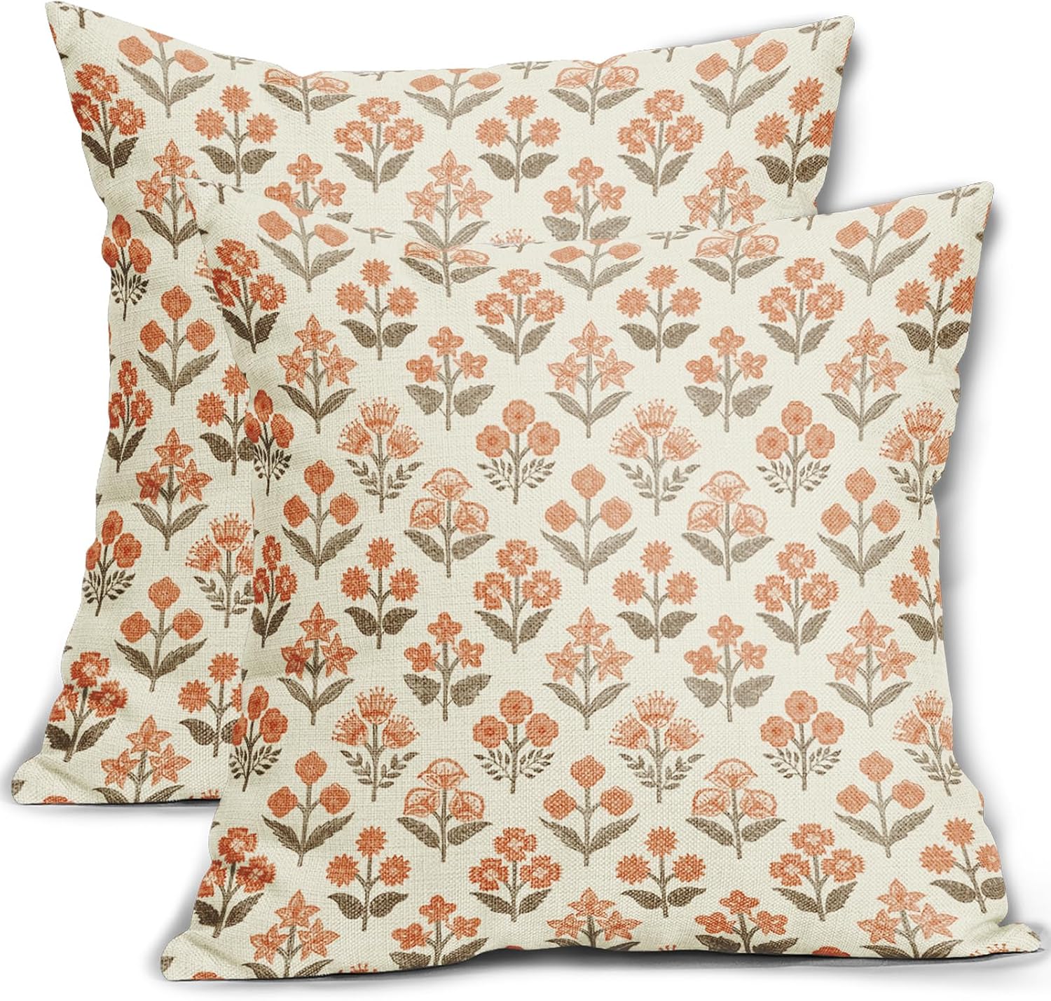 Brown Orange Floral Block Print Pillow Covers 20x20 Inch Set of 2, Vintage Flower Pattern Decorative Throw Pillowcases Outdoor Farmhouse…