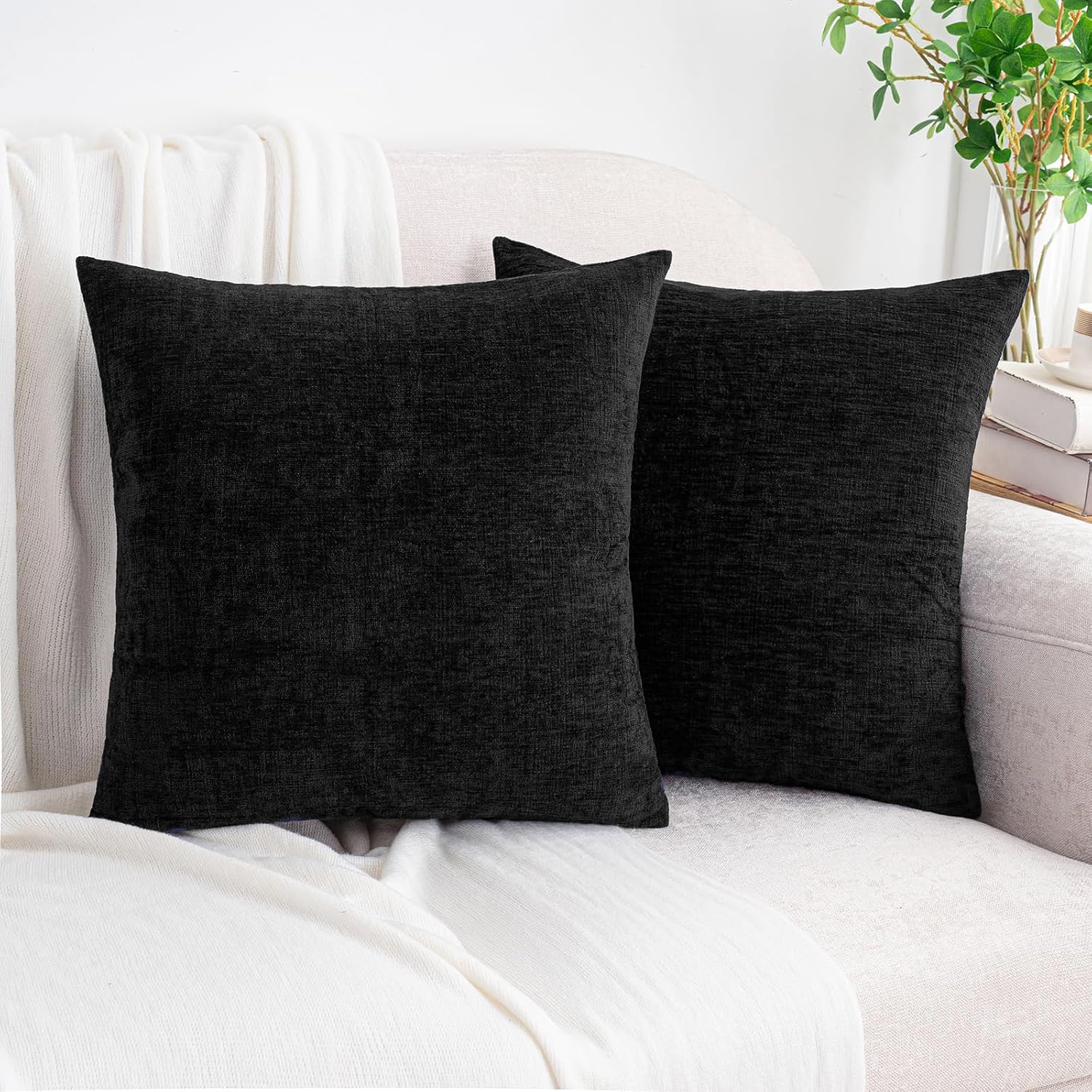 Hwy50 HWY 50 Black Couch Pillow Covers 16x16 Inch Pack of 2, Soft Chenille Decorative Throw Pillow Cases Farmhouse for Sofa Living Room Bed…