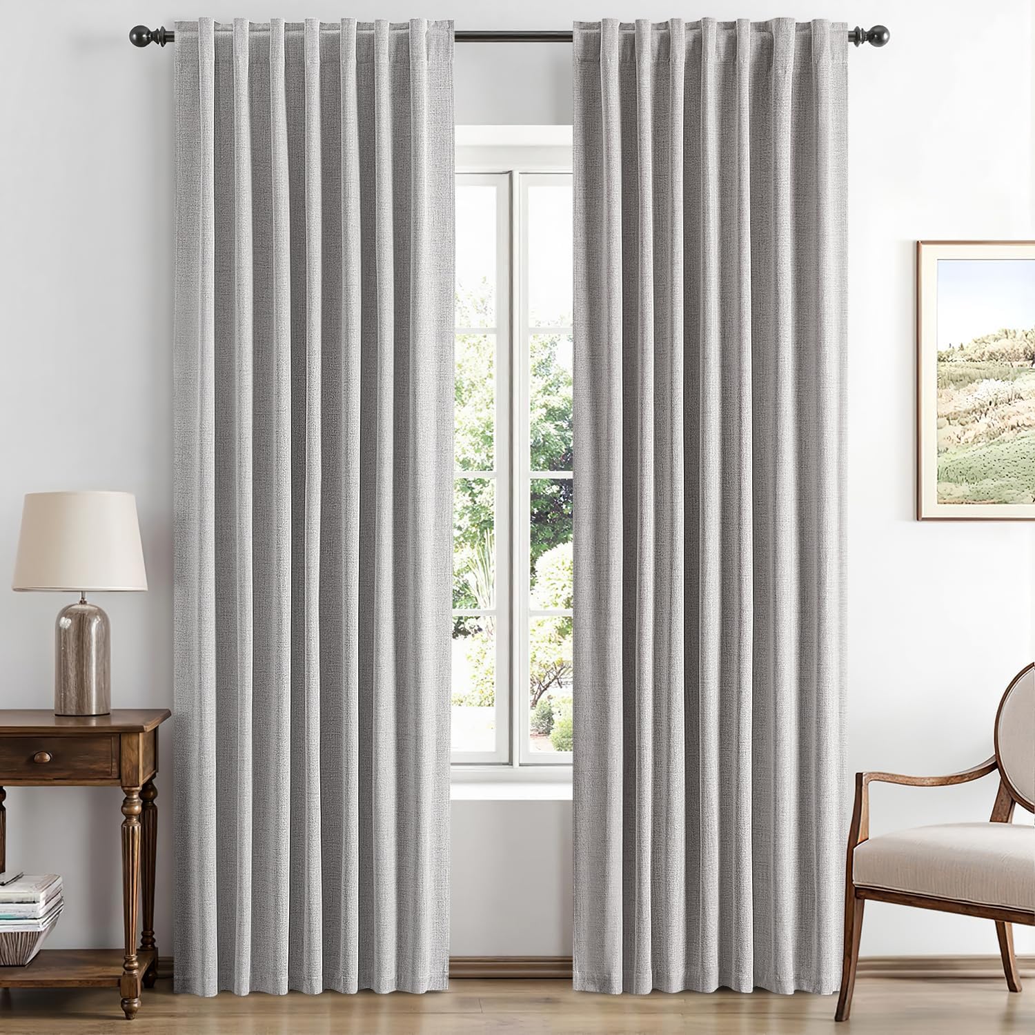 Miulee 100% Blackout Linen Curtains for Bedroom, Greyish White Solid Luxury Decor Thermal Insulation Room Darkening Drapes for Living Room…