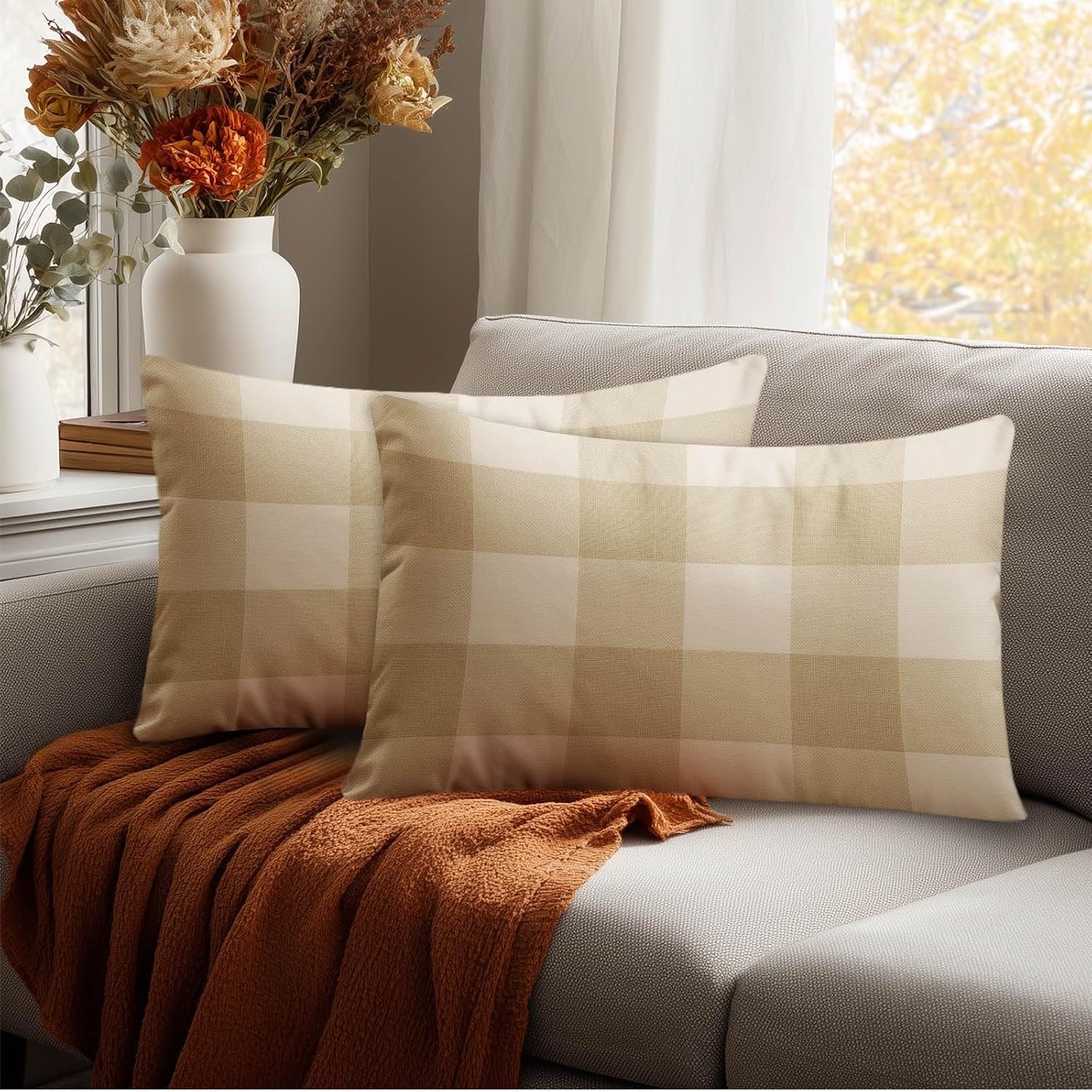 HOMETITUTE Plaid Pillow Covers Decorative Pack of 2 Satin 12x20 Inch Neutral Beige Buffalo Plaid Art Lumbar Throw Pillow Cases for Sofa…