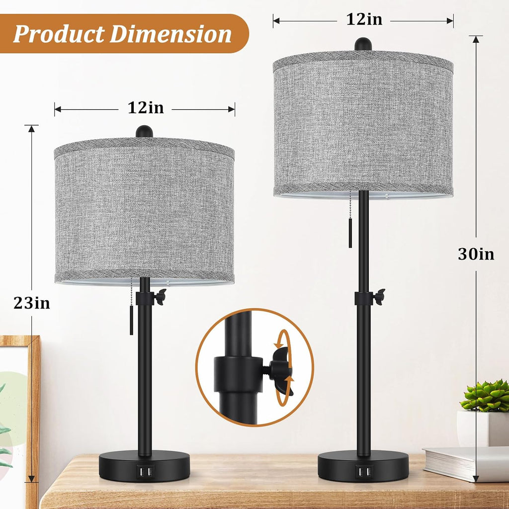 Kondras Table Lamps for Bedroom Set of 2, 23''-30'' Adjustable Height Bedside Lamps with 2 USB Ports, Black Nightstand Lamps with Grey…