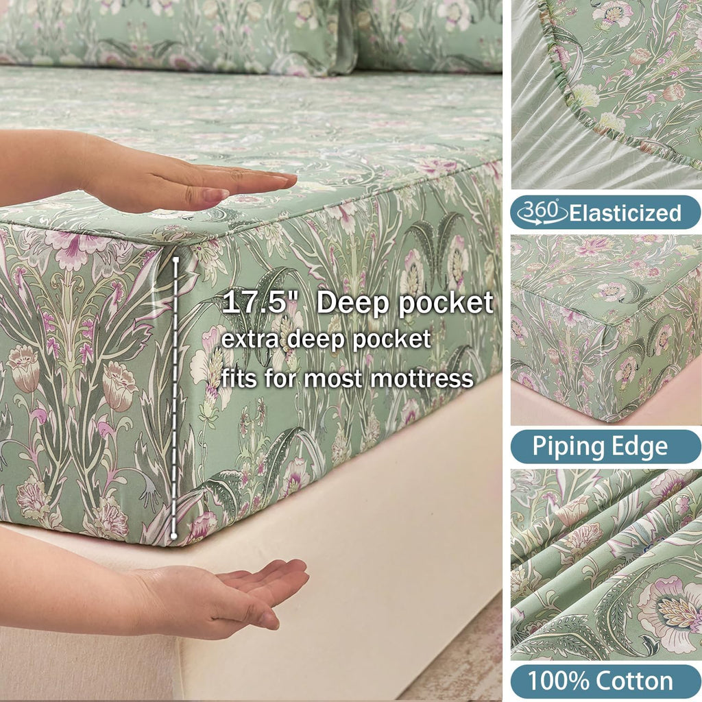 Softtouchsweetdreams Boho Sheets Silky Green Floral Bed Sheet Set Queen Size 100% Cotton Satin Weave Botanical Leaf Printed Cooling Sheets…