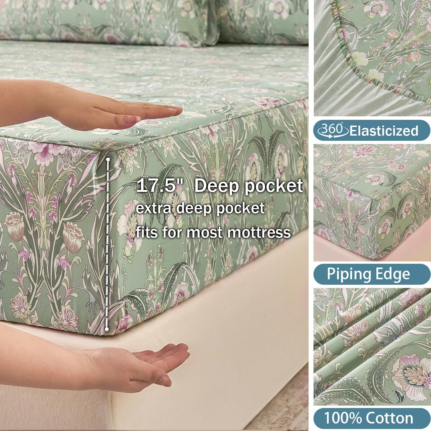 Softtouchsweetdreams Boho Sheets Silky Green Floral Bed Sheet Set Queen Size 100% Cotton Satin Weave Botanical Leaf Printed Cooling Sheets…