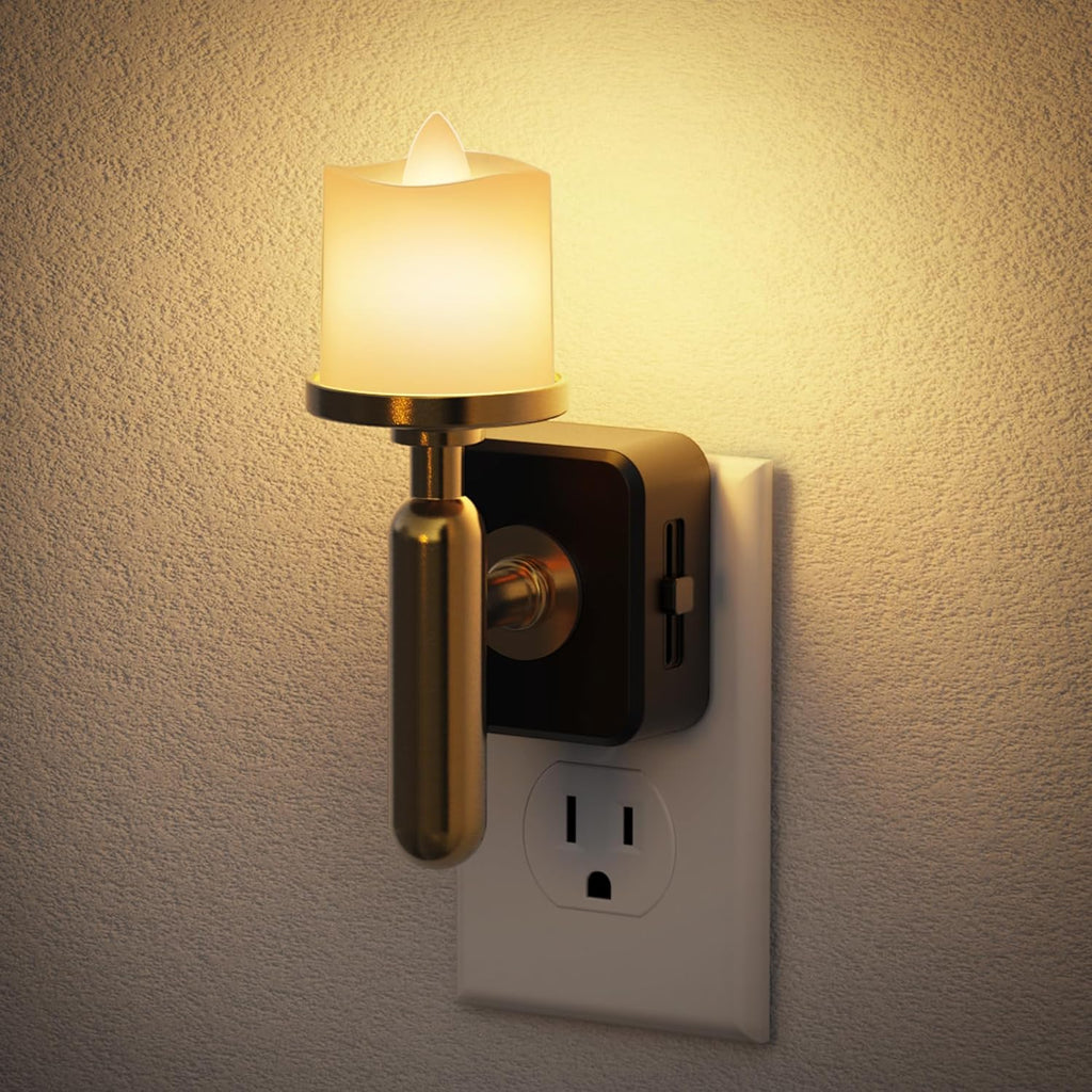 JandCase Candle Night Light, Night Lights Plug into Wall, 3000K Soft White, 0-100LM Adjustable Brightness, Dusk to Dawn Sensor NIghtlight…