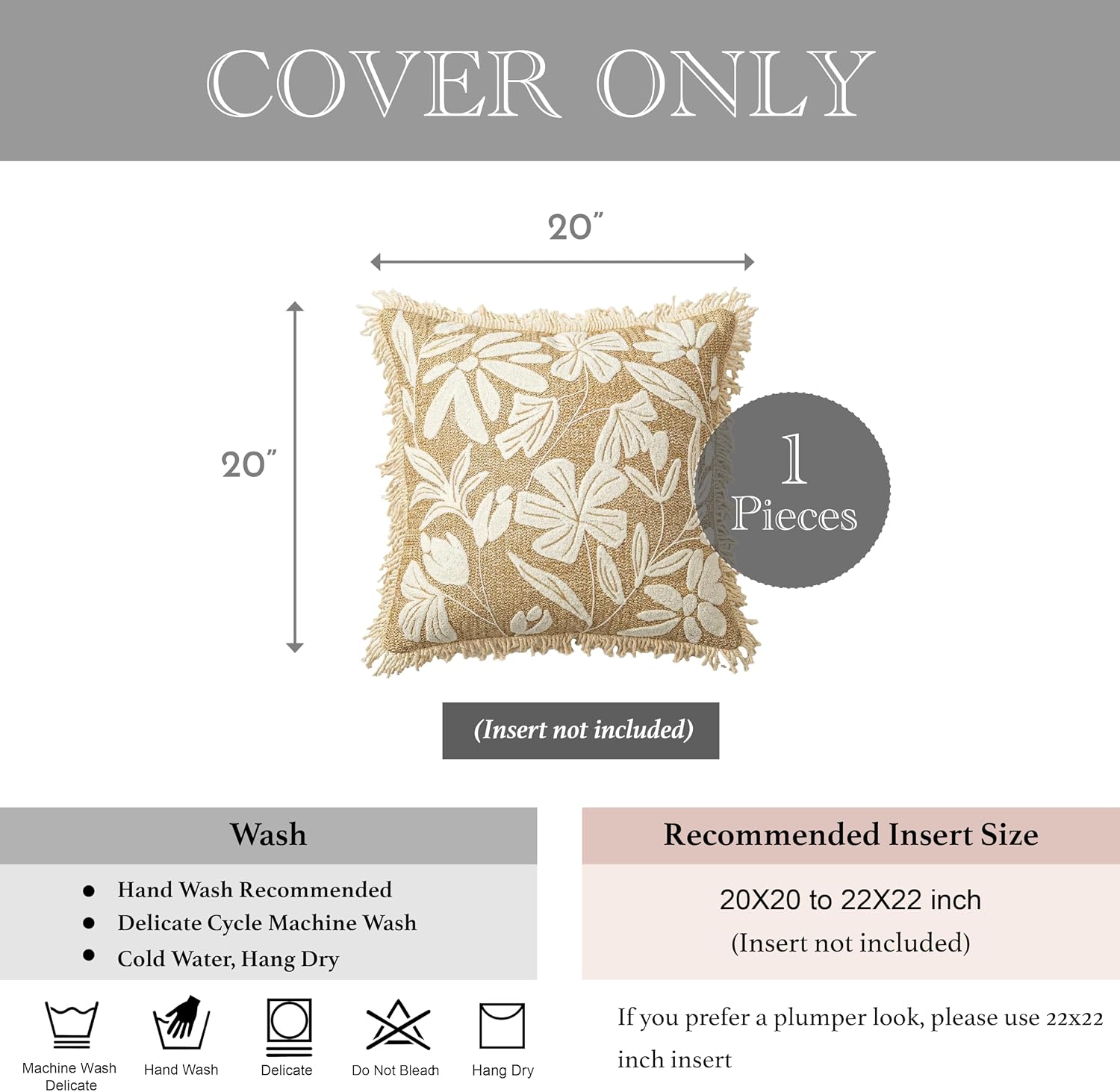 BlissBlush Jute Decorative Spring Accent Throw Pillow Cover 20X20, Neutral Floral Farmhouse Textured Pillowcase for Couch Sofa Living…