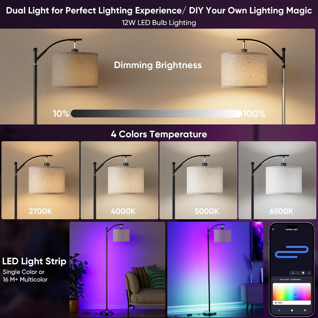 Smart LED RGBCW Corner Lamp with Linen Lampshade Compatible with Alexa, Color Changing Standing Lamp with 16 Million DIY Colors, Music…