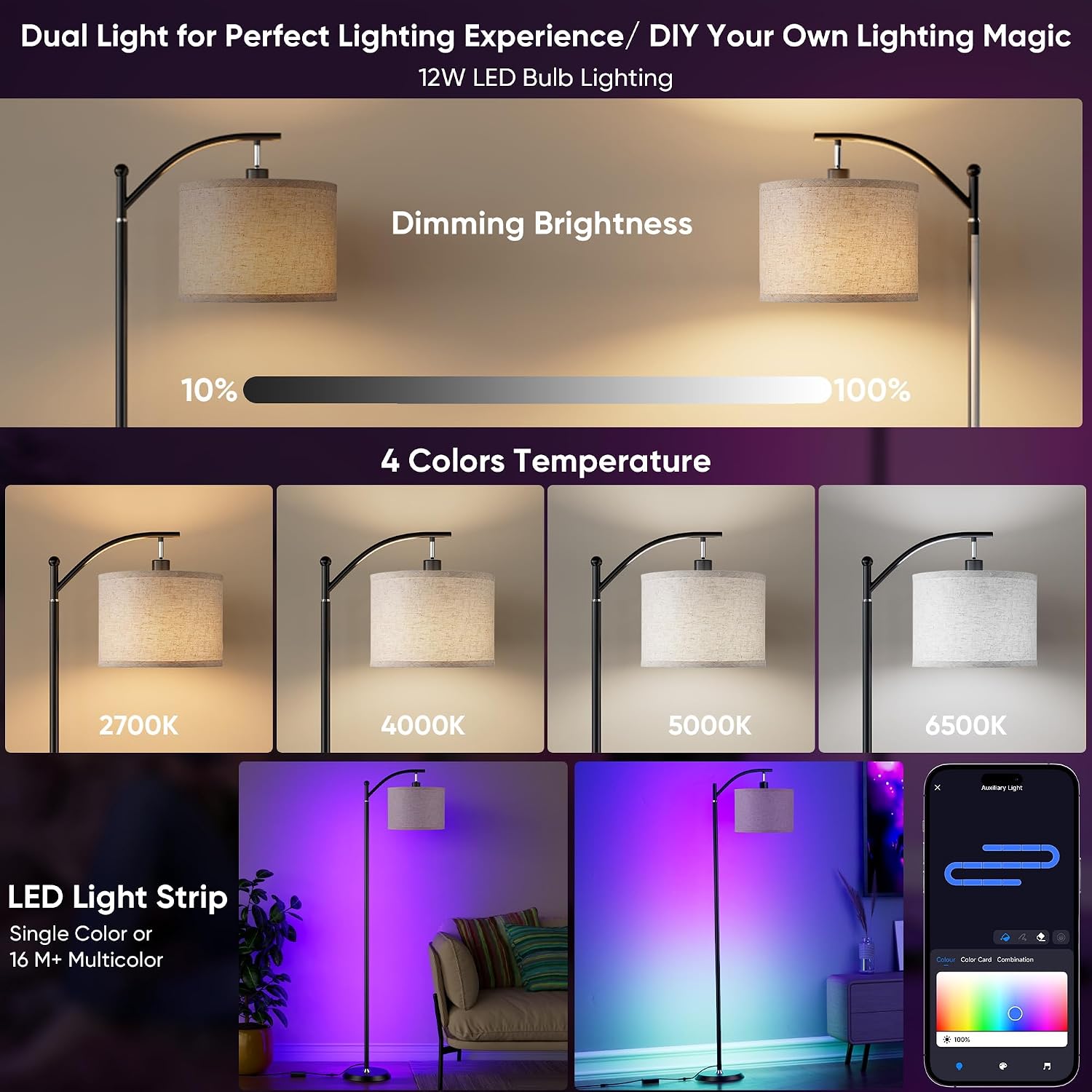 Smart LED RGBCW Corner Lamp with Linen Lampshade Compatible with Alexa, Color Changing Standing Lamp with 16 Million DIY Colors, Music…