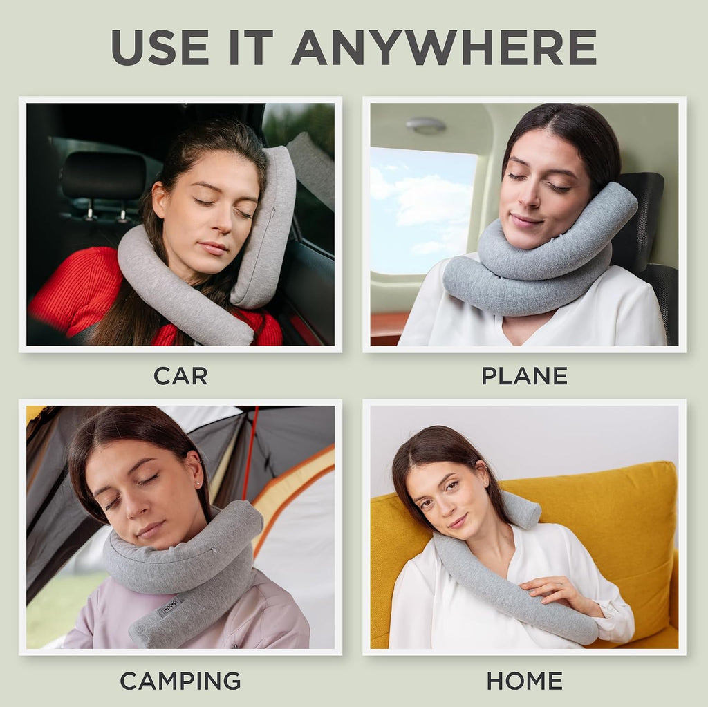 Dot&Dot Twist Memory Foam Travel Pillow for Neck, Chin, Lumbar and Leg Support - Cotton Cover Snap Closure Grey Cotton Grey
