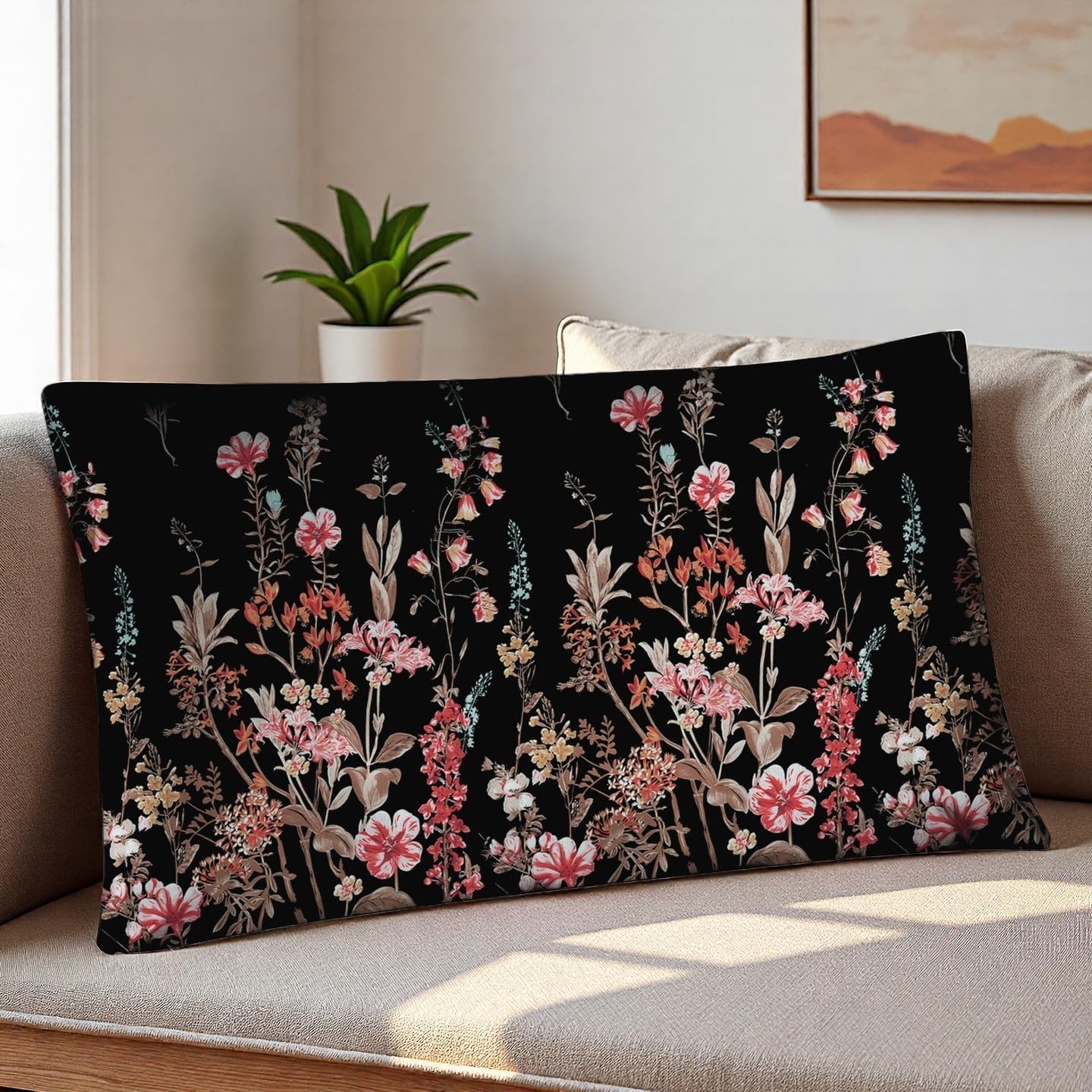 Mag 2 Pack Floral Pillowcases Queen Size 20"x30", Black Pillow Covers with Pink Botanical Flowers, Soft Microfiber Bedroom Pillow Shams for…