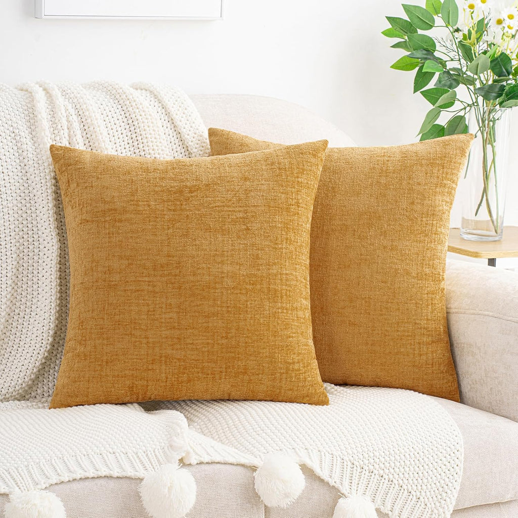 Hwy50 HWY 50 Gold Couch Pillow Covers 18x18 Inch Pack of 2, Soft Chenille Decorative Throw Pillow Cases Farmhouse for Sofa Living Room Bed…