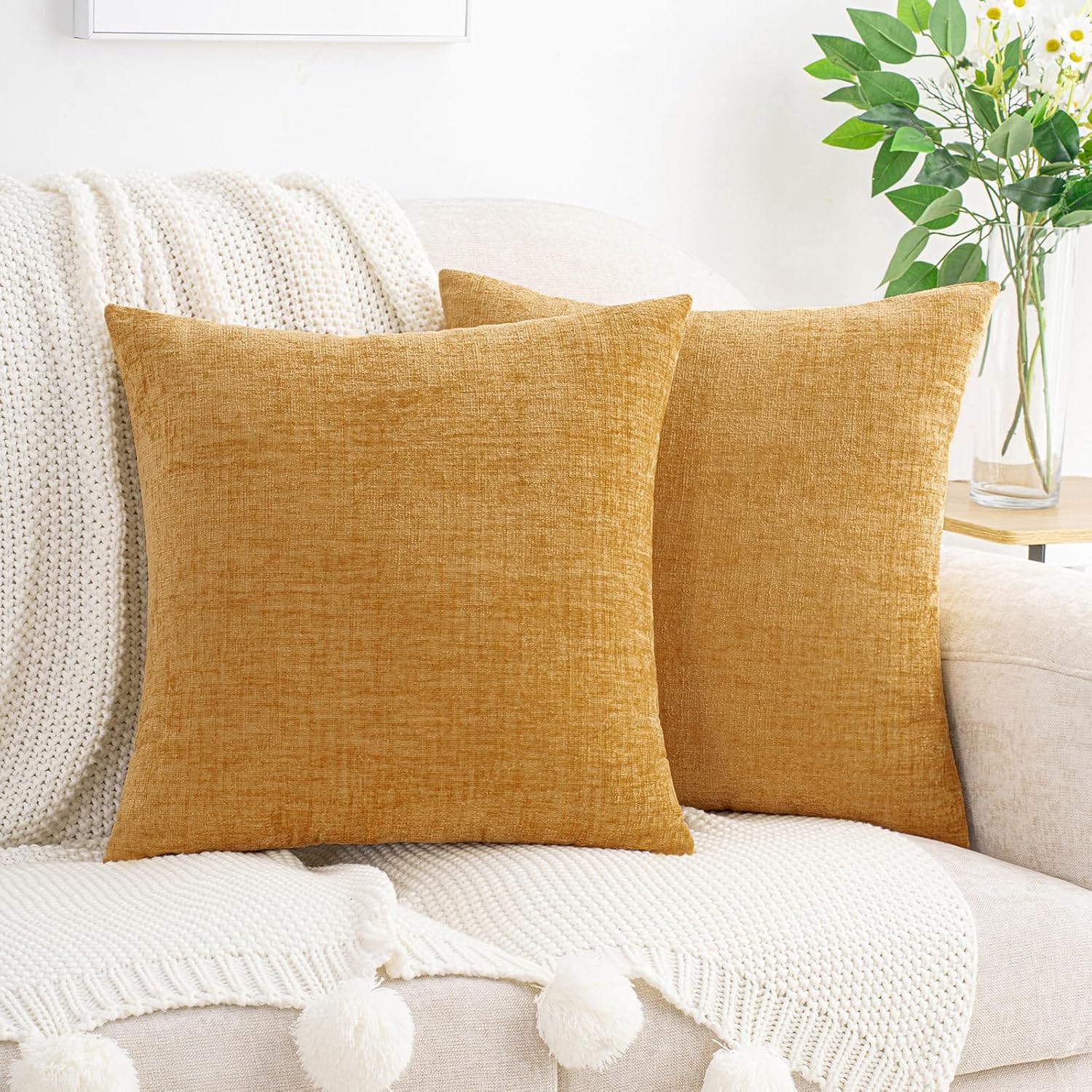 Hwy50 HWY 50 Gold Couch Pillow Covers 18x18 Inch Pack of 2, Soft Chenille Decorative Throw Pillow Cases Farmhouse for Sofa Living Room Bed…