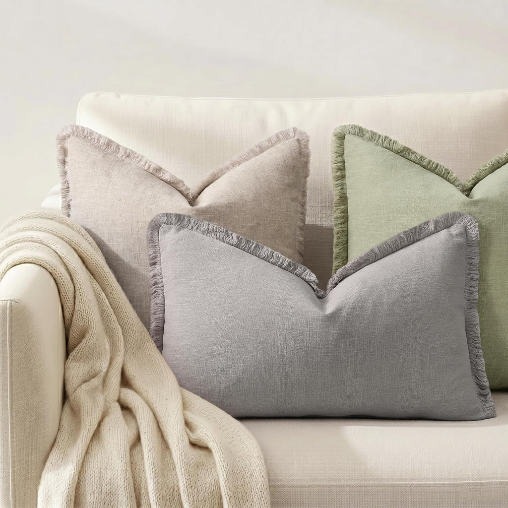 decorUhome Summer Decorative Neutral Linen Fringe Lumbar Throw Pillow Covers Set of 2 Light Grey Pillow Covers with Tassels Soft Farmhouse…