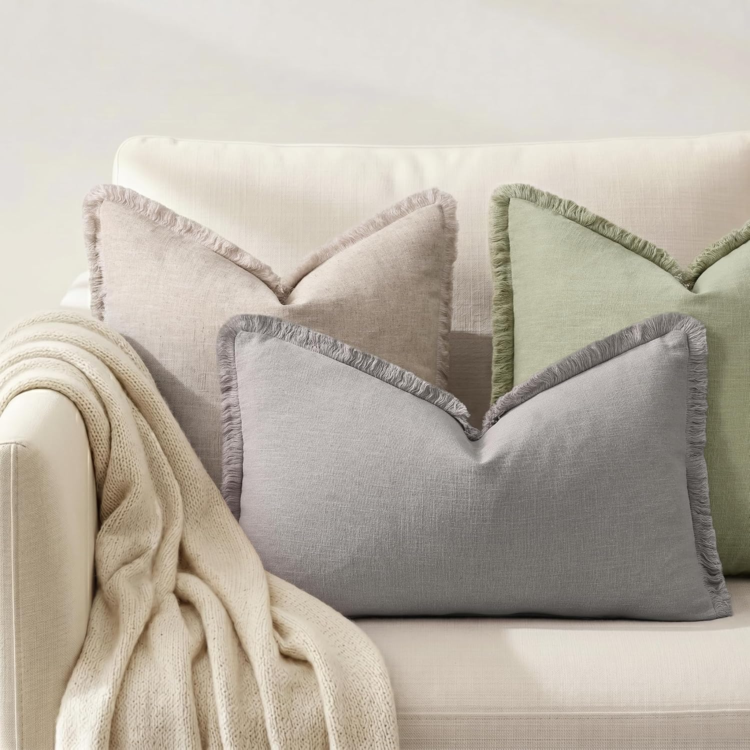 decorUhome Summer Decorative Neutral Linen Fringe Lumbar Throw Pillow Covers Set of 2 Light Grey Pillow Covers with Tassels Soft Farmhouse…