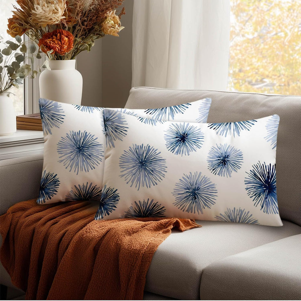 HOMETITUTE Pillow Covers Decorative Pack of 2 Satin 12x20 Inch Blue Abstract Floral Art Lumbar Throw Pillow Cases for Sofa Couch Living…