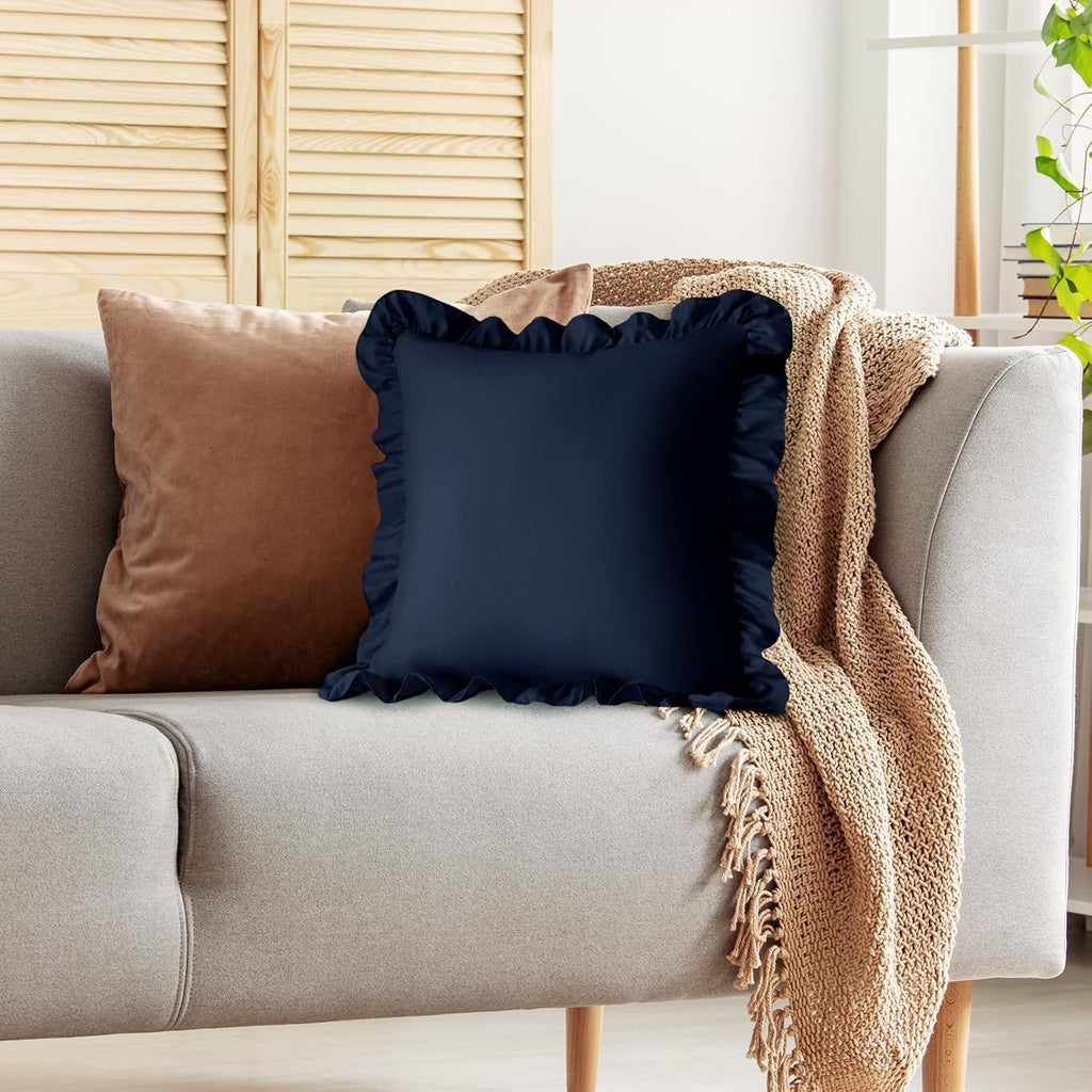 KKJIAF Ruffle Pillow Cases 22x22 Inches, Navy Blue Square Ruffled Pillow Covers Set of 2, Microfiber Wrinkle Resistant Pillow Shams with…