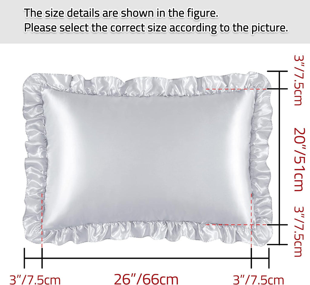 HommxJF Silky Satin Ruffled Pillow Cases for Hair and Skin, Light Gray Silk Pillowcases Standard Set of 2 with Envelope Closure Princess Roo…