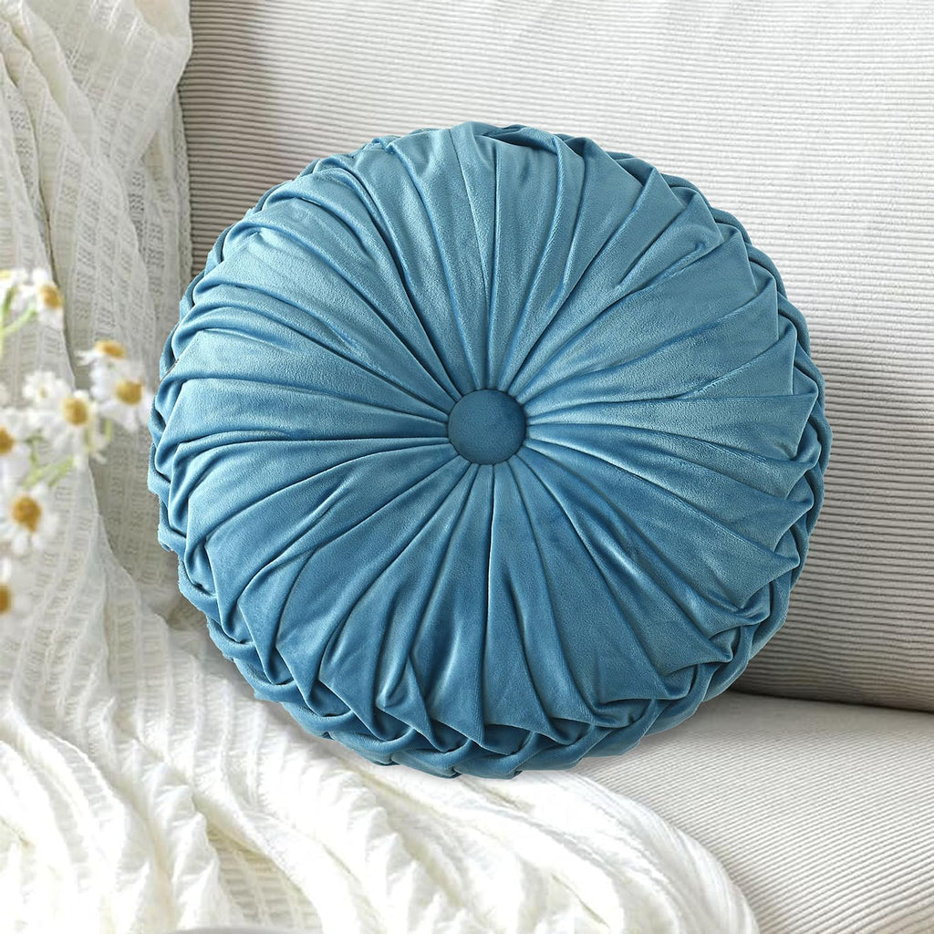 HIG Set of 2 Dusty Blue Ruched Velvet Round Throw Pillows – 14.5’’ Decorative Pillows with Soft Polyester Filling for Couch, Bed, Living…