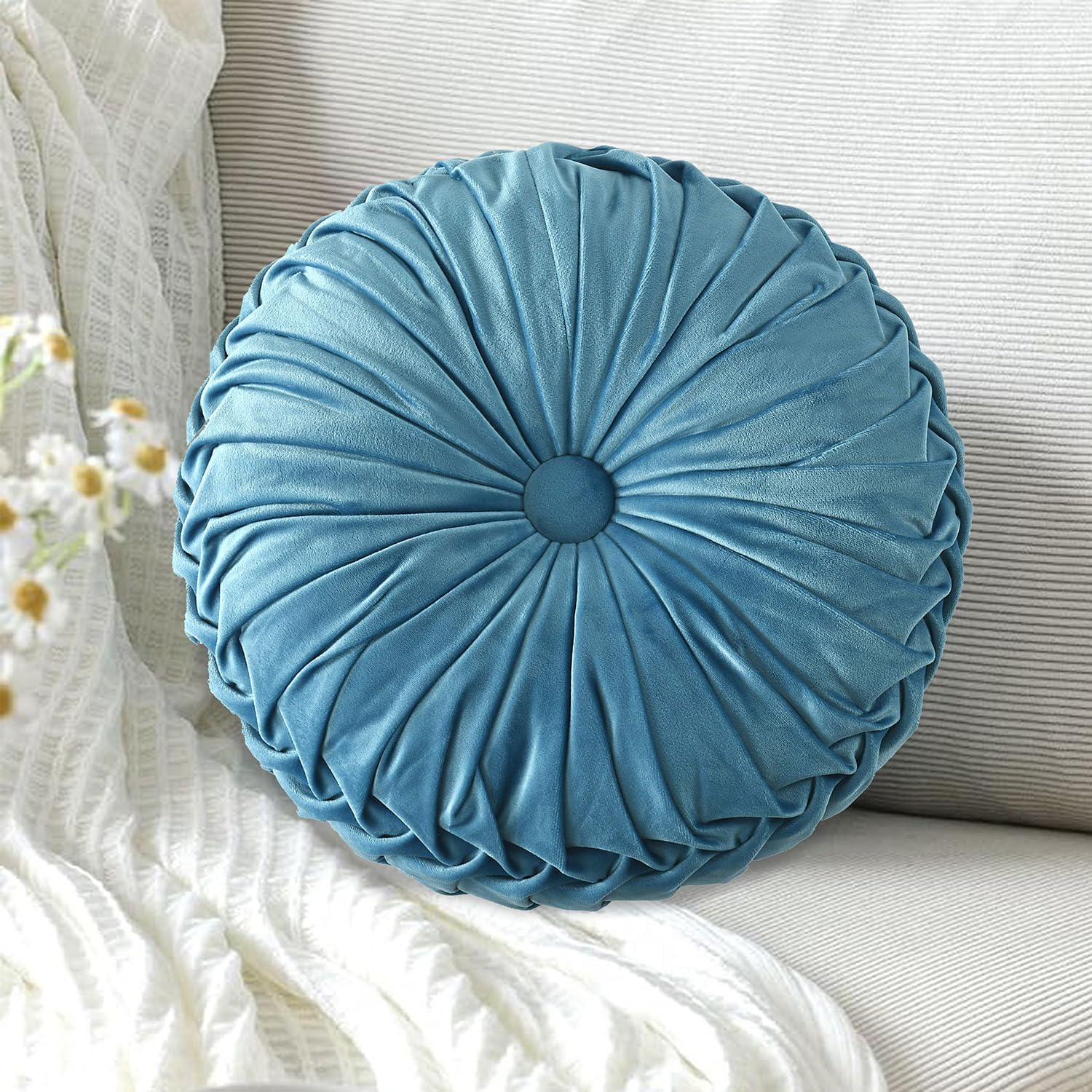 HIG Set of 2 Dusty Blue Ruched Velvet Round Throw Pillows – 14.5’’ Decorative Pillows with Soft Polyester Filling for Couch, Bed, Living…