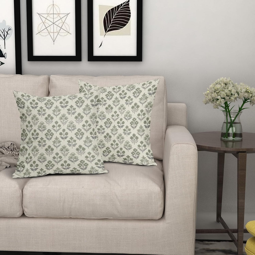 Green Grey Gray Floral Block Print Pillow Covers 20x20 Inch Set of 2, Vintage Flower Pattern Decorative Throw Pillowcases Outdoor…