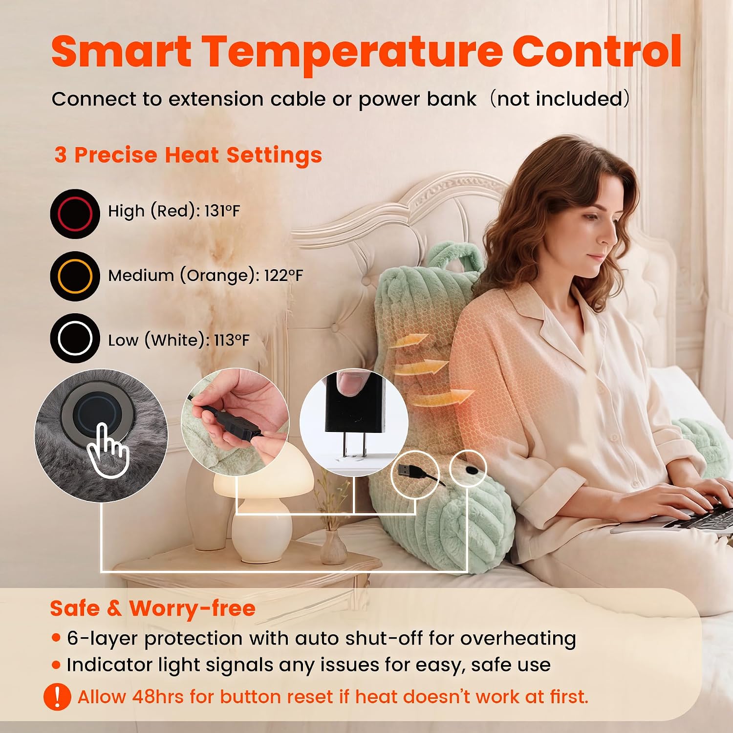 Amélie Home Heated Faux Fur Reading Pillow 3 Temperature Backrest for Sitting in Bed Support Cushion, USB-Powered(No Power Bank Included)…