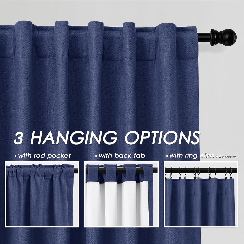 Nanspring Classic Blue 100% Blackout Linen Curtains 96 Inches Long for Bedroom Back Tab Thermal Insulated Modern Coastal Decor Black Out Cu…