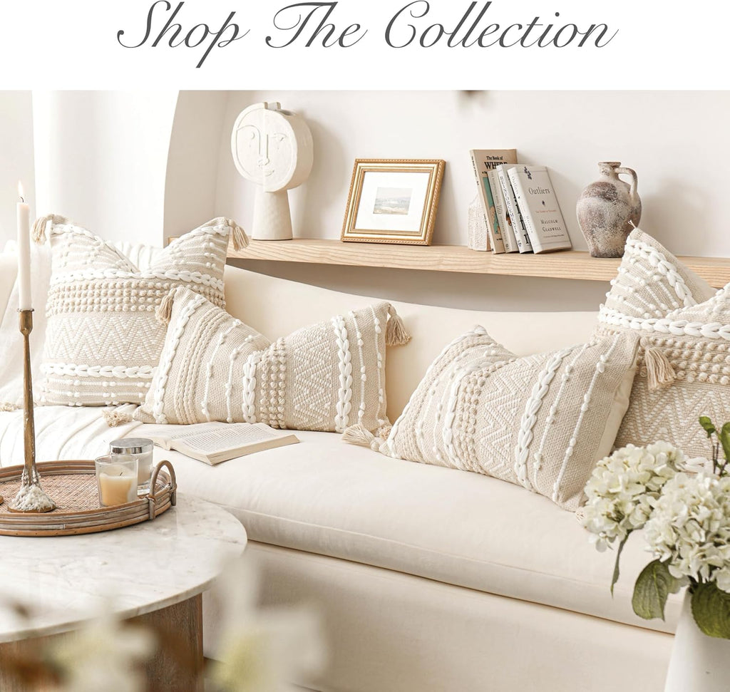 BlissBlush Decorative Lumbar Pillow Cover 14x24, Cream White Boho Accent Throw Pillow Case for Couch Sofa Bed, Modern Farmhouse Textured…