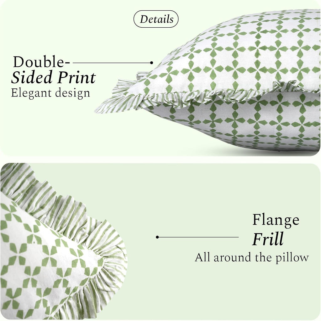 Cottonprintclub CPC Hand Block Print Kelly Green Ruffle Sham Pillow Cover 36" x 14" inch Hidden Zipper Decorative Pillowcase for Couch, Bed…