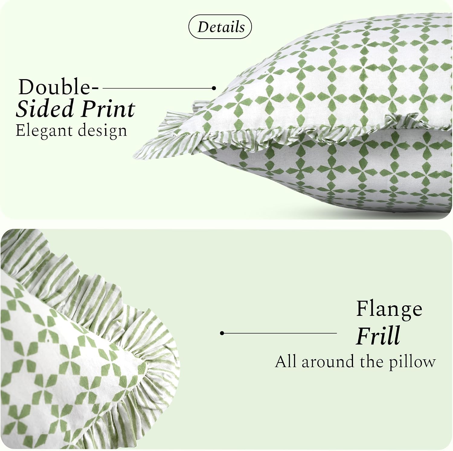Cottonprintclub CPC Hand Block Print Kelly Green Ruffle Sham Pillow Cover 36" x 14" inch Hidden Zipper Decorative Pillowcase for Couch, Bed…