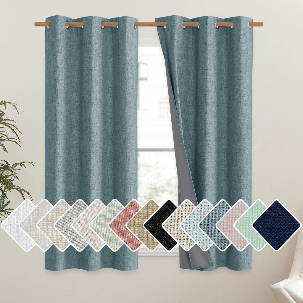 NICETOWN 100% Absolutely Blackout Linen Curtains with Thermal Insulated Liner, Skylark Blue, 42" Wide, 45" Length Energy Saving Curtains…