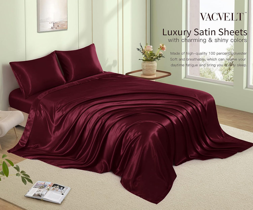 VACVELT 4pcs Burgundy Satin Sheets Queen Size Bed Set, 15 Inch Deep Pocket Silky Satin Sheet Set, Soft Satin Bedding Set Cooling & Luxury…