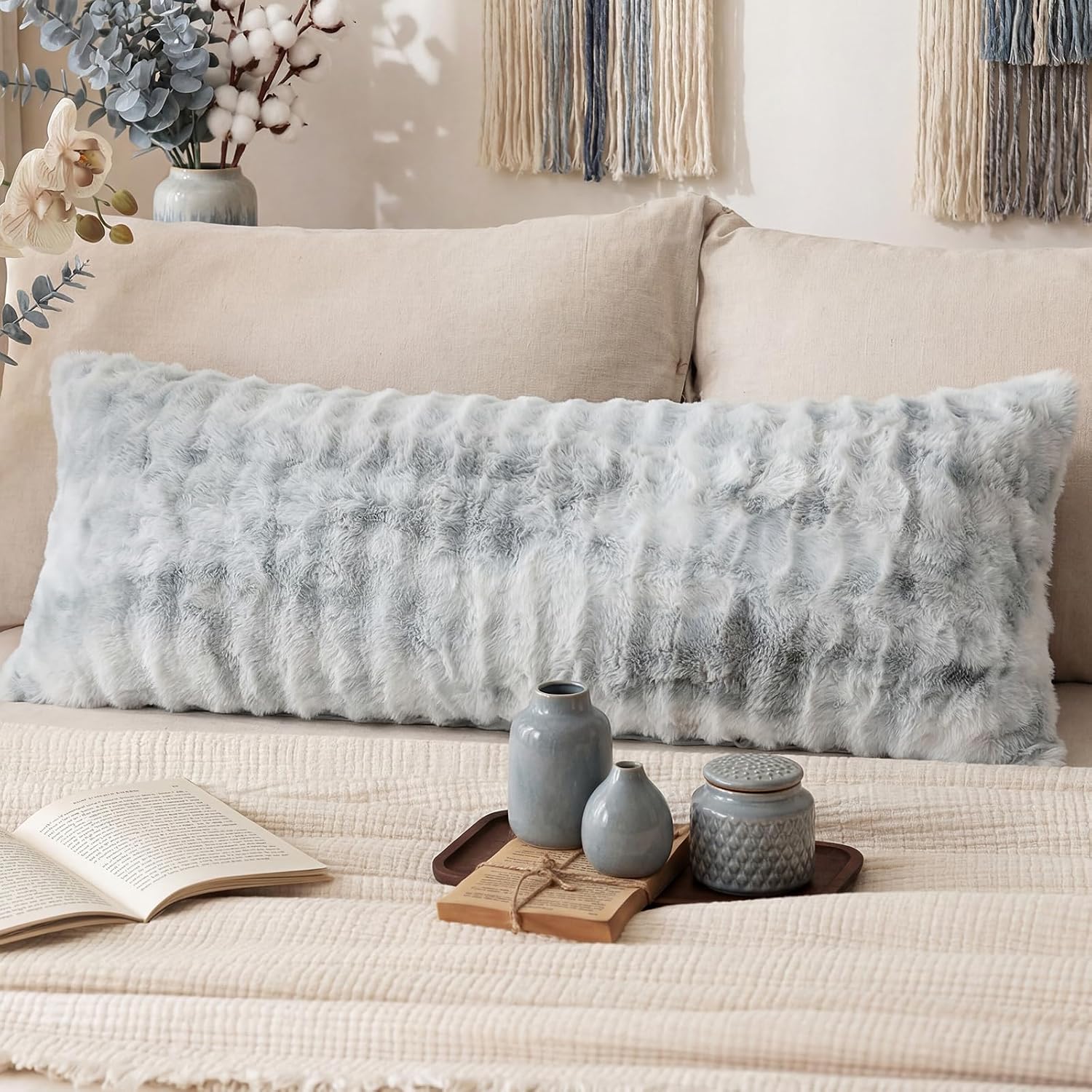 Chumerry Gray Fluffy Body Pillow Cover Faux Fur Pillowcase Extra Soft Fuzzy Plush Long Pillow Cover Gradient Gray Shaggy Body Pillow Case f…
