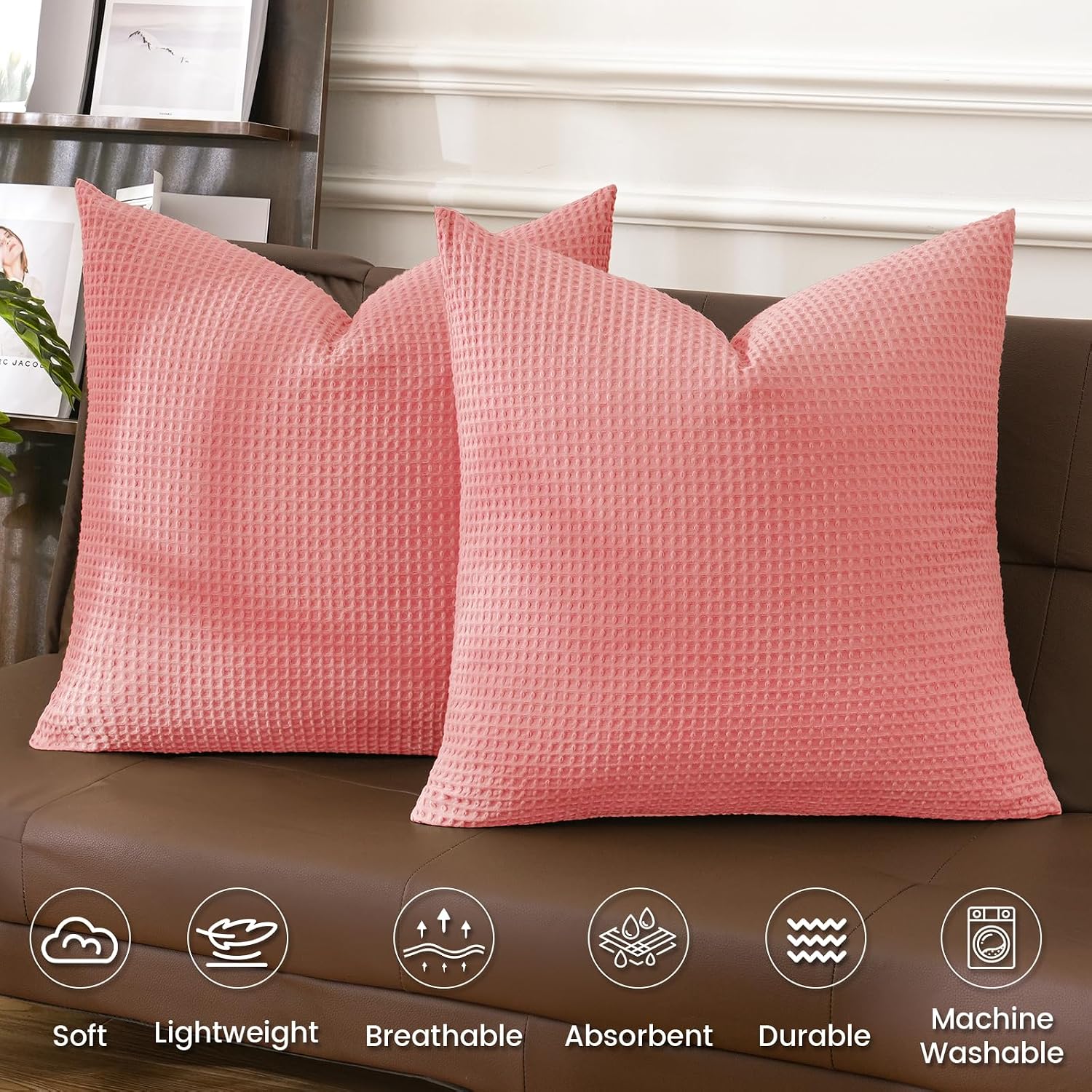 Phf 100% Cotton Waffle Weave Euro Shams 26" x 26", No Filling, 2 Pack Elegant Home Decorative Euro Throw Pillow Covers for Bed Couch Sofa,…