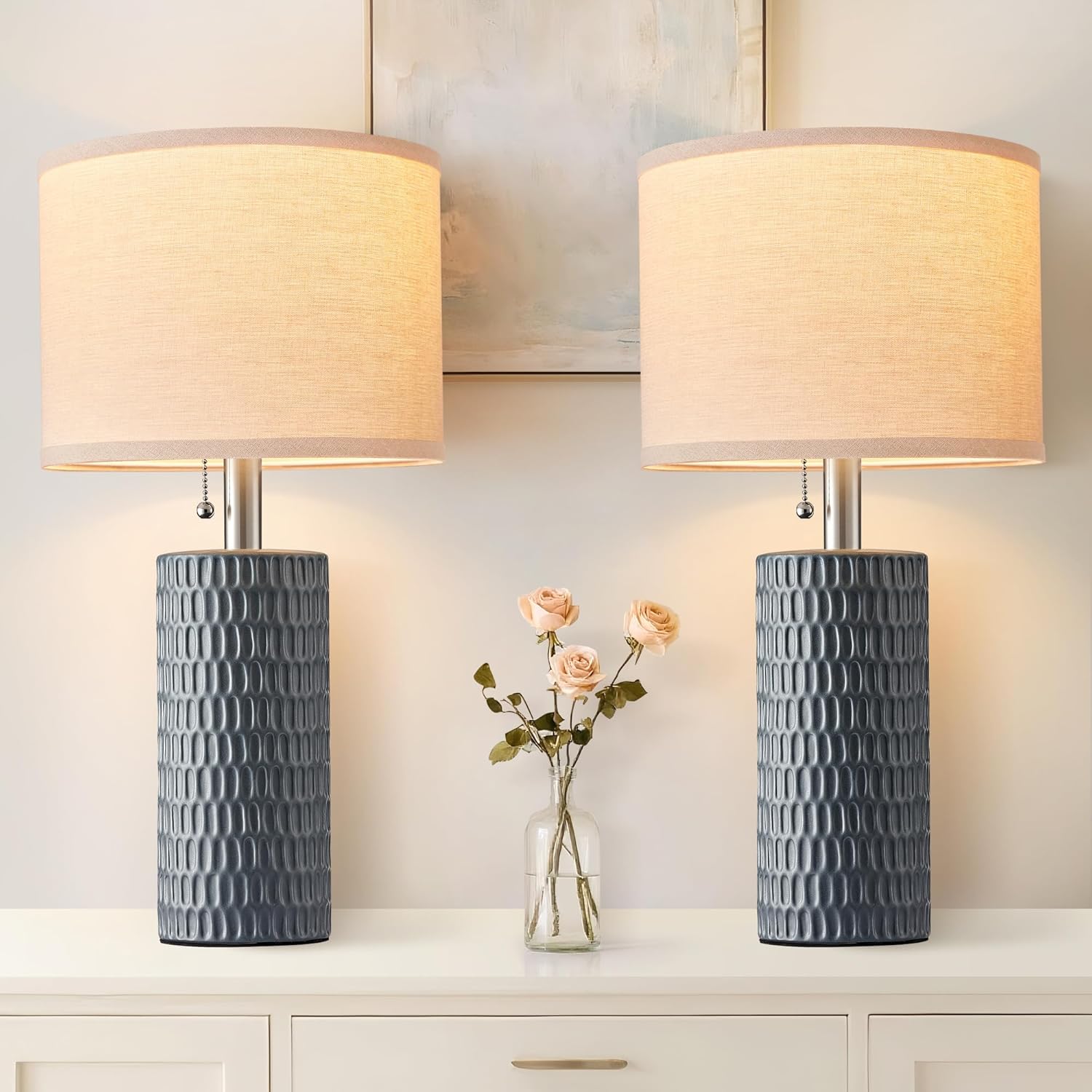 Reaketon 20.5" Modern Ceramic Table Lamps for Bedroom Set of 2, Bedside Lamps for Night Stands with Beige Lampshade, Farmhouse Table Lamp…