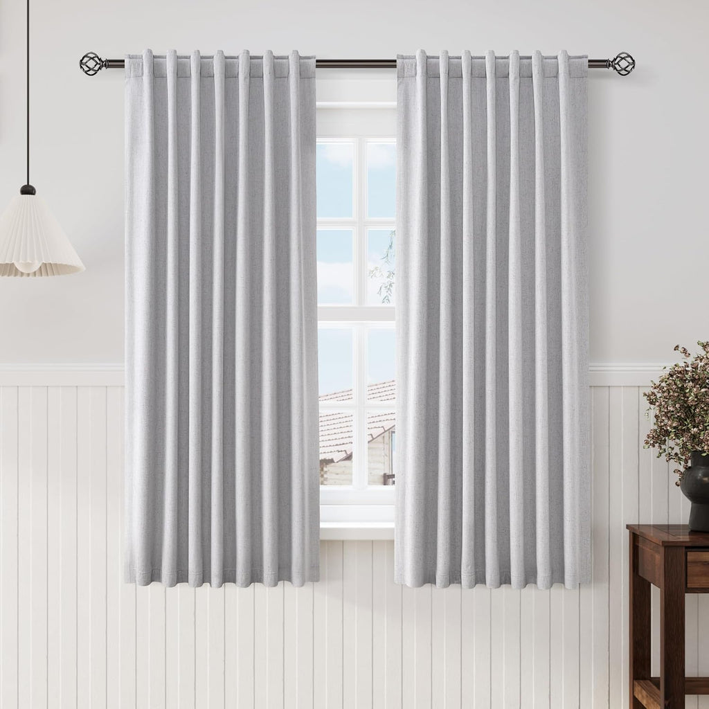 Nanspring Light Grey 100% Blackout Linen Curtains 63 Inch Length for Bedroom Back Tab Thermal Insulated Modern Luxury Simple Black Out Curt…