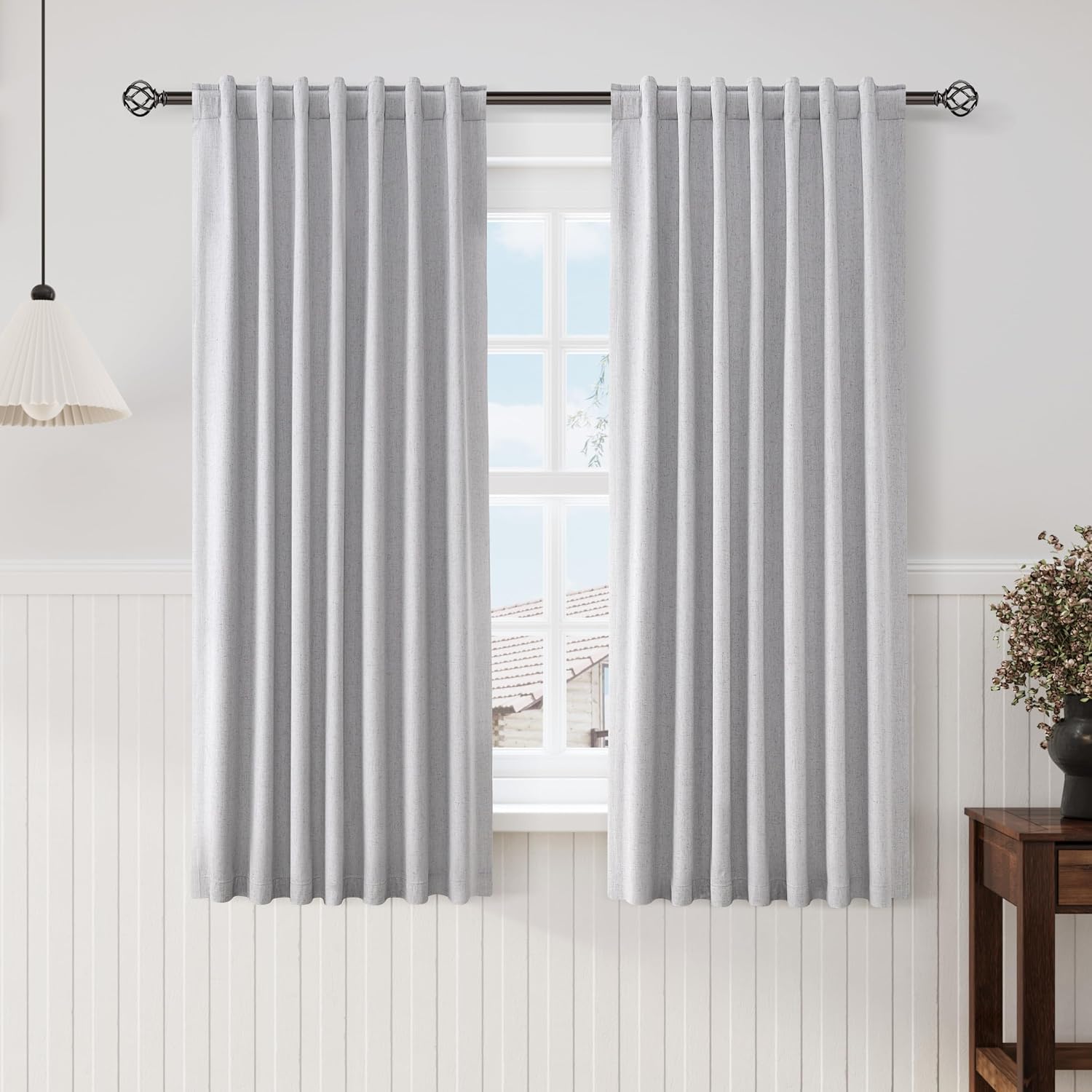 Nanspring Light Grey 100% Blackout Linen Curtains 63 Inch Length for Bedroom Back Tab Thermal Insulated Modern Luxury Simple Black Out Curt…