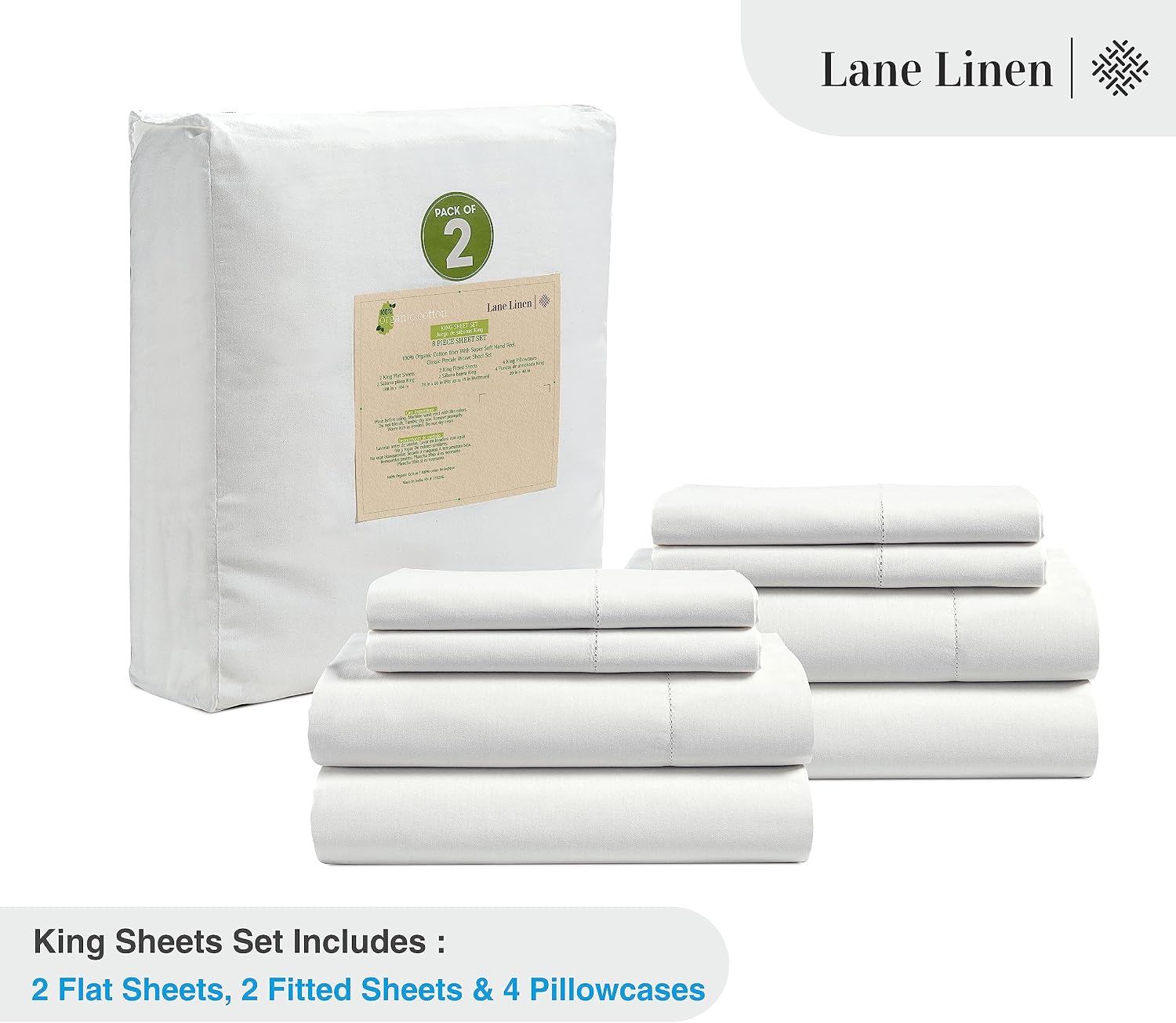 LaneLinen LANE LINEN 100% Organic Cotton King Sheet Set, 4Pc Cotton Sheets King Size, Breathable Bedding Sheet & Pillowcases, Hotel Luxury…