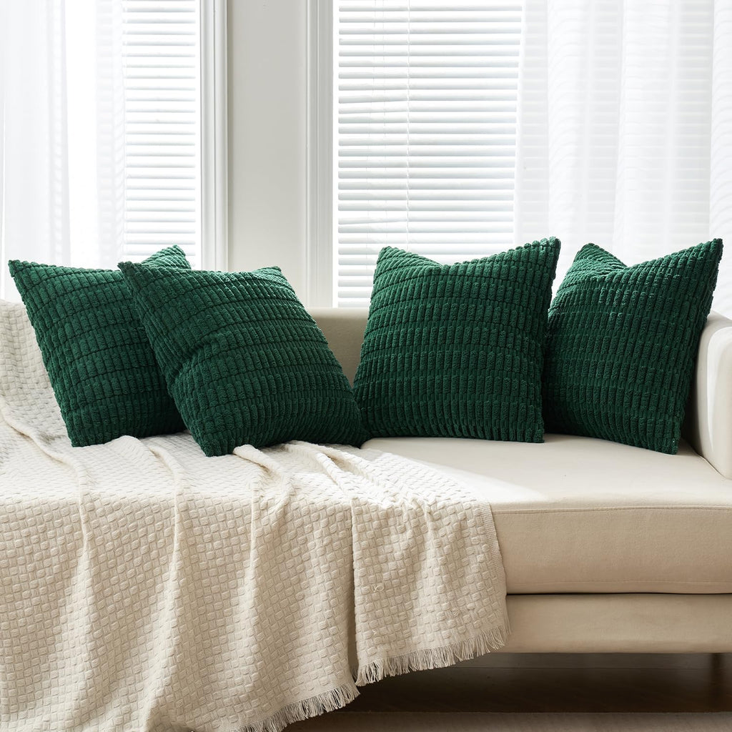 Miulee Pack of 4 Christmas Dark Green Corduroy Decorative Throw Pillow Covers 18x18 Inch Soft Boho Striped Pillow Covers Modern Farmhouse H…