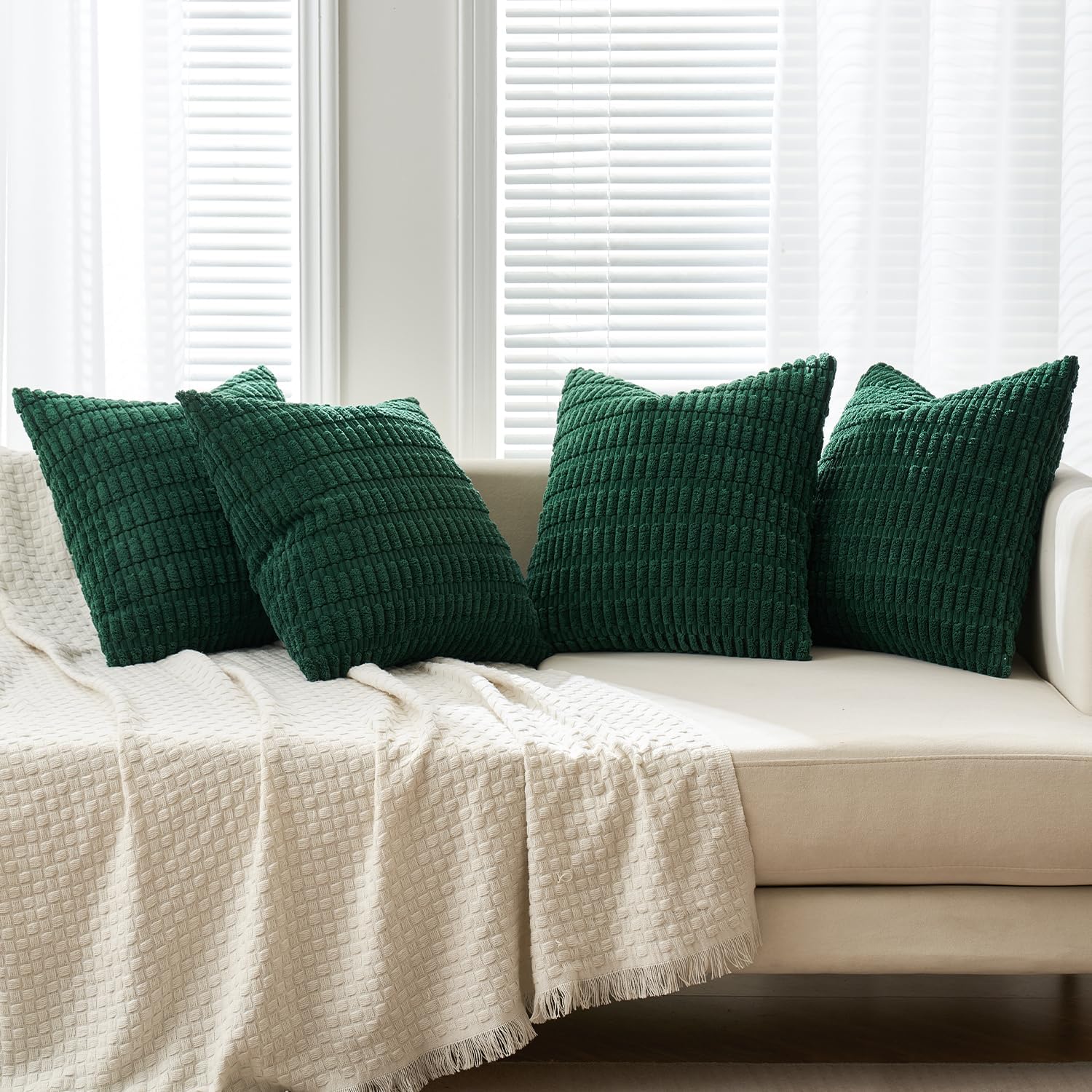 Miulee Pack of 4 Christmas Dark Green Corduroy Decorative Throw Pillow Covers 18x18 Inch Soft Boho Striped Pillow Covers Modern Farmhouse H…