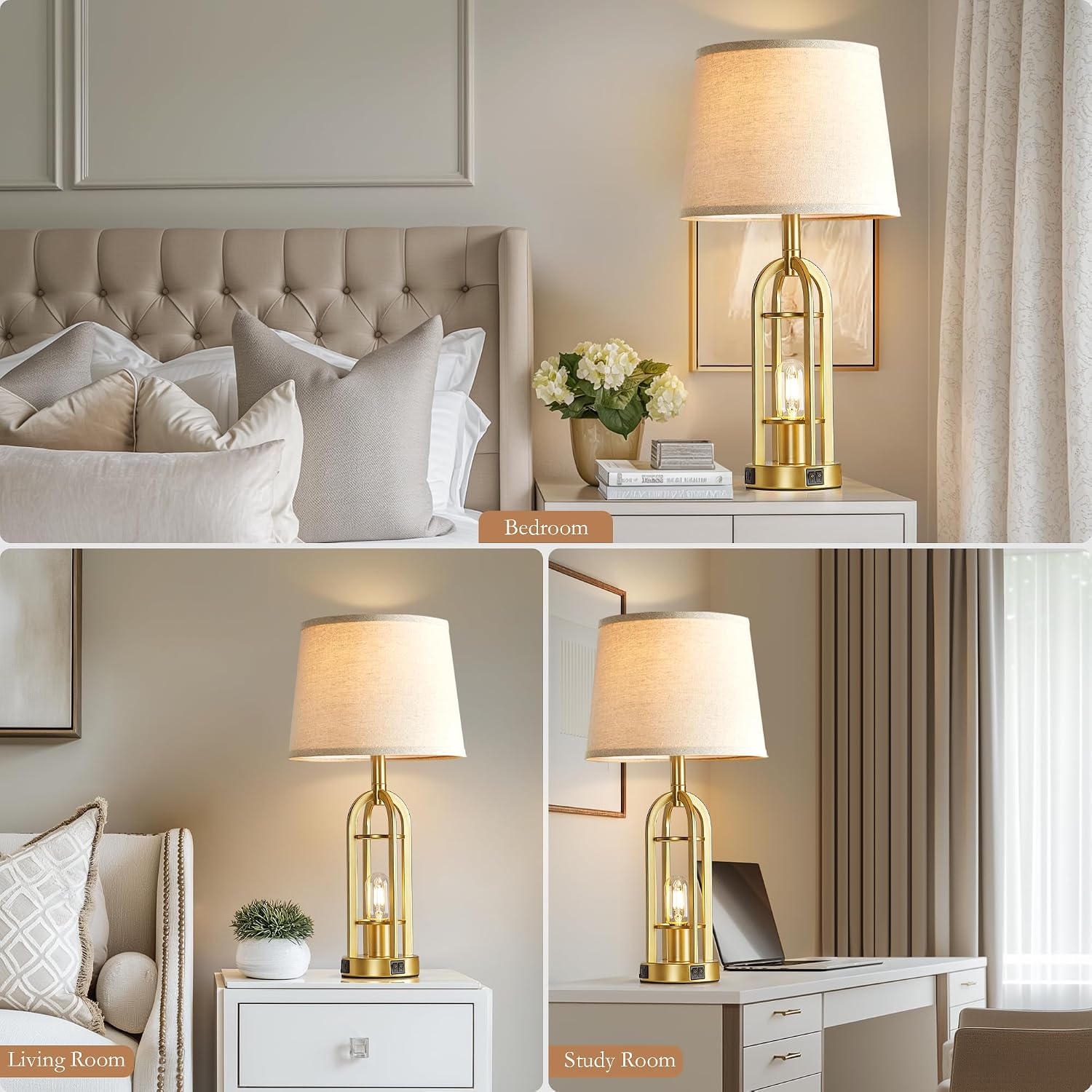 SRJJA Gold Table Lamps for Living Room Set of 2 - Modern Farmhouse Bedside Lamps for Bedroom Night Stands with Nightlight and USB A+C…