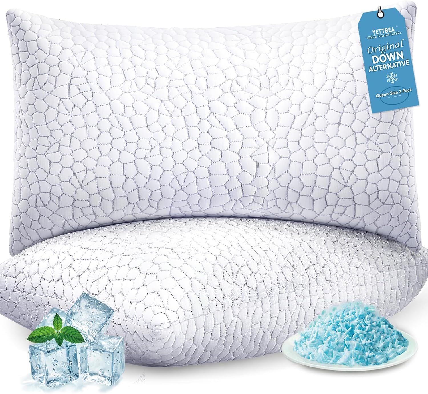 Yettbea Adjustable Shredded Memory Foam Pillows Queen Size Set of 2, Luxury Bamboo Cooling Pillow w/Washable Zippered Cover, Soft or Firm…
